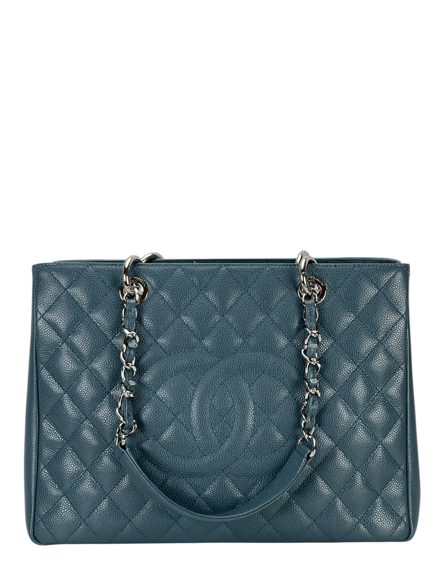 CHANEL - Misty Blue Caviar Quilted Grand Shopping Tote GST Sliver Hardware 