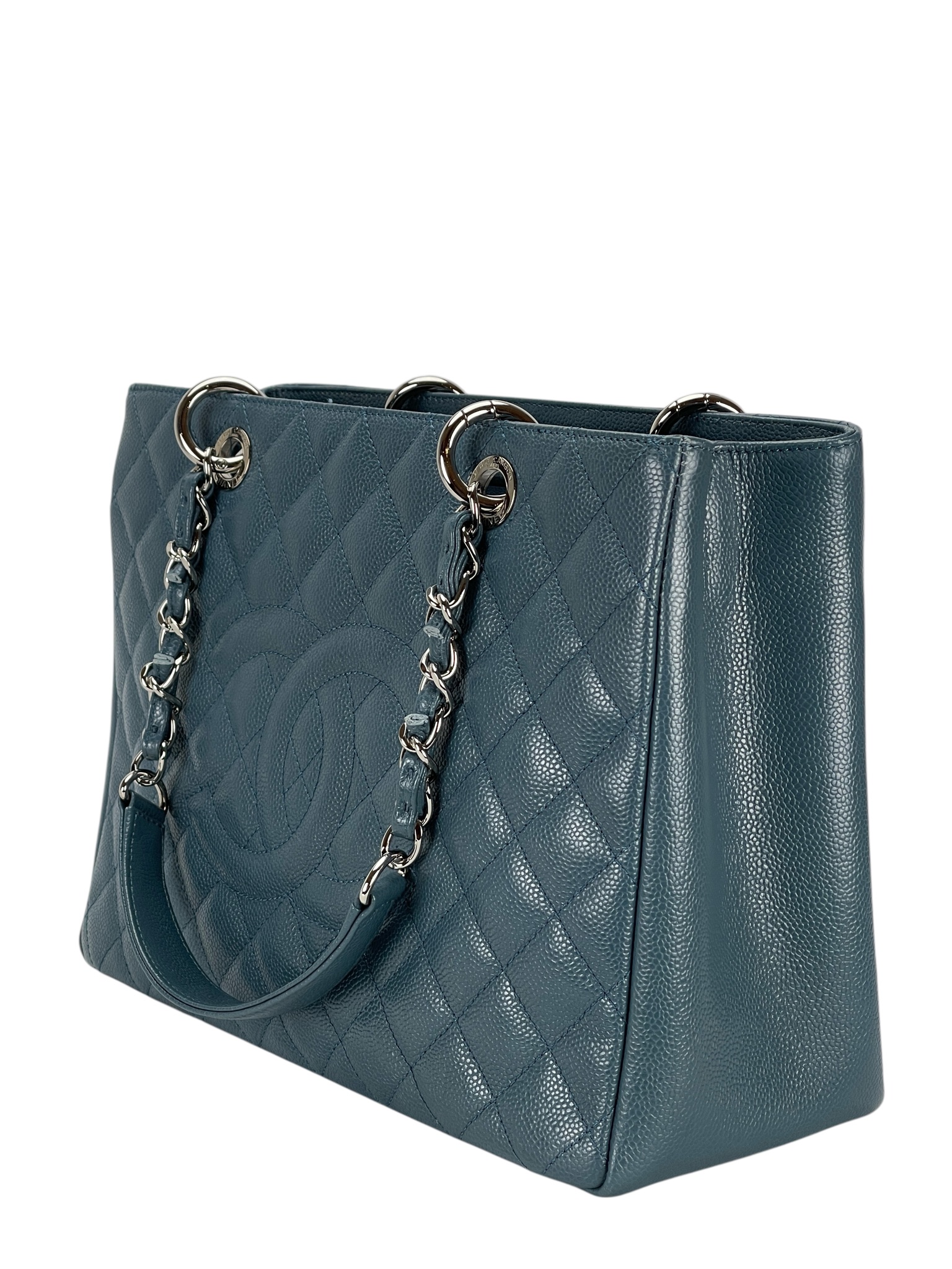 CHANEL - Misty Blue Caviar Quilted Grand Shopping Tote GST Sliver Hardware 
