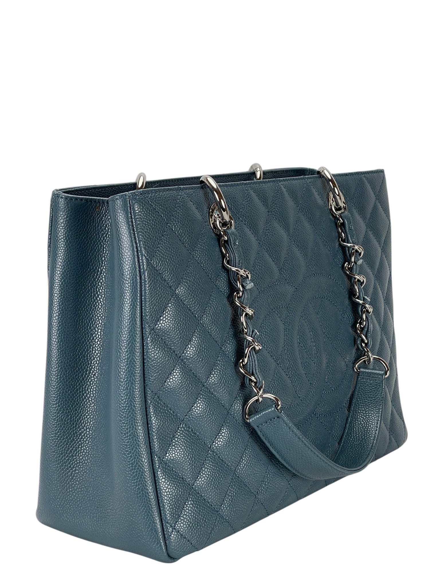 CHANEL - Misty Blue Caviar Quilted Grand Shopping Tote GST Sliver Hardware 