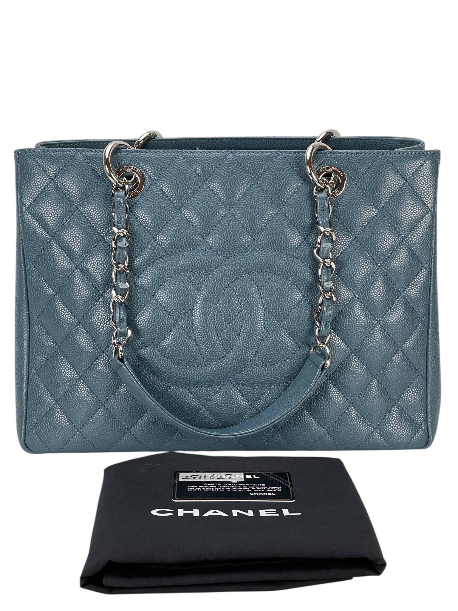 CHANEL - Misty Blue Caviar Quilted Grand Shopping Tote GST Sliver Hardware 