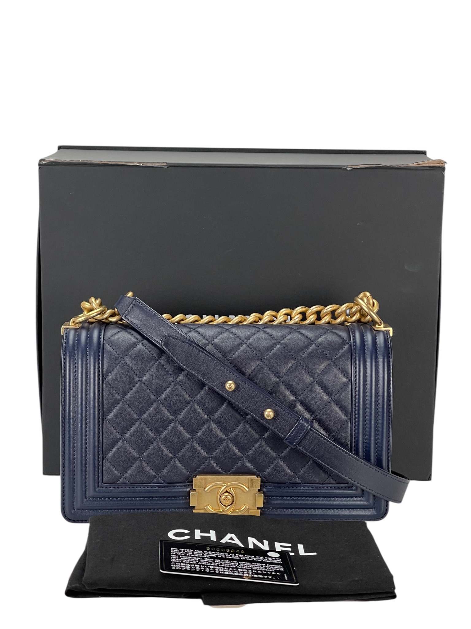 CHANEL - Medium Boy Flap Bag Navy Lambskin Gold Hardware