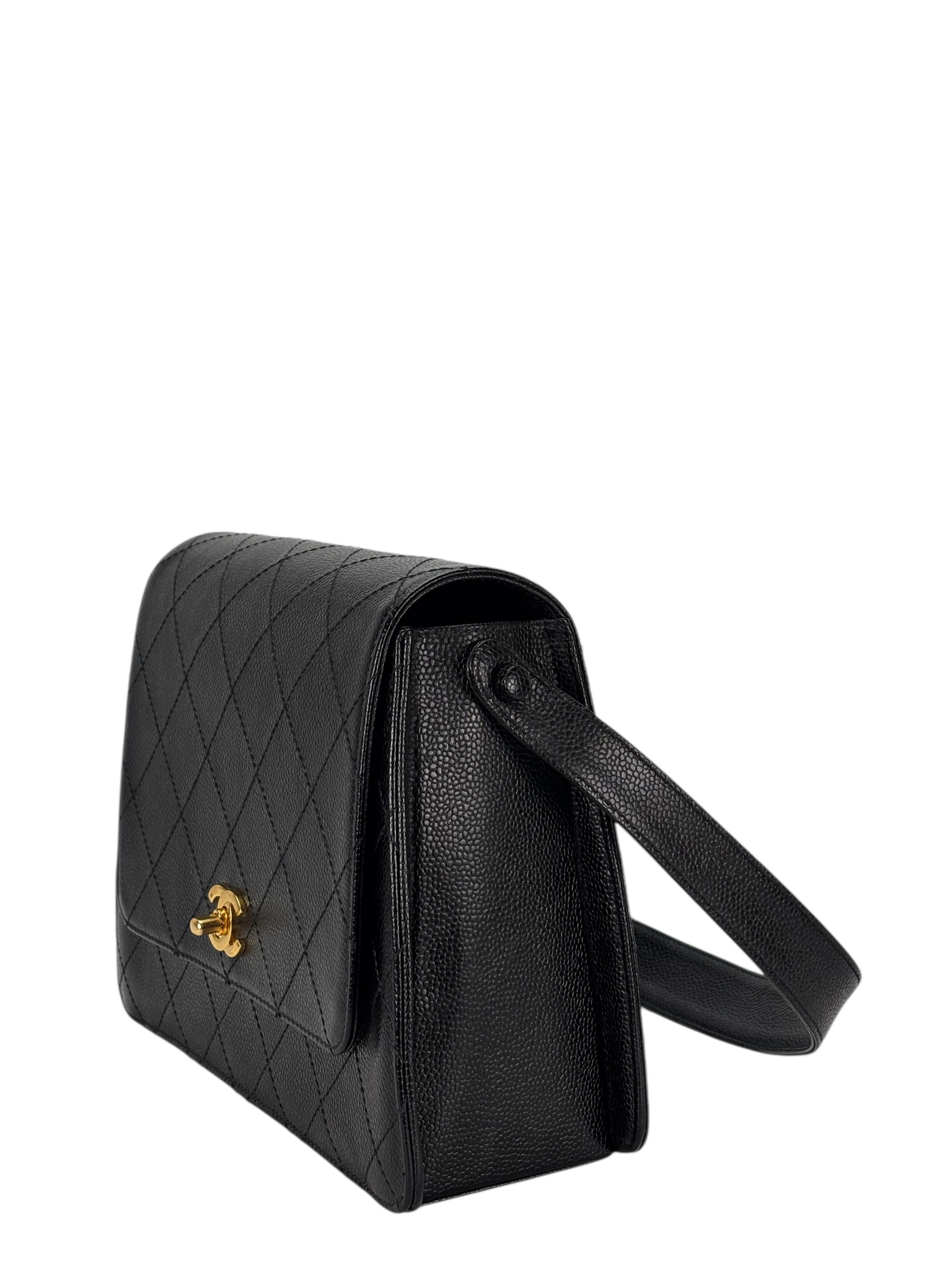 CHANEL - Black Caviar Stitched CC Flap Shoulder Bag