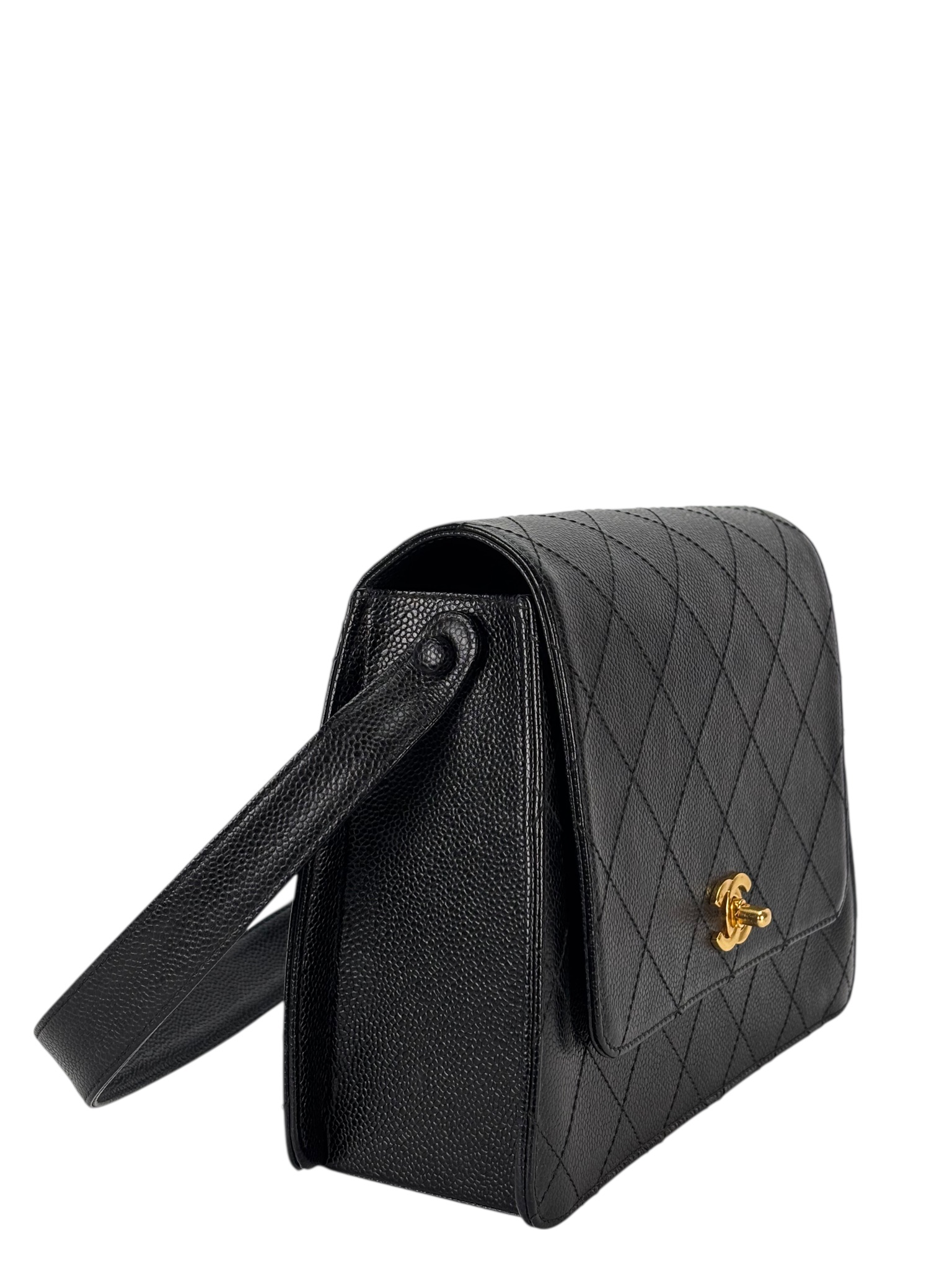CHANEL - Black Caviar Stitched CC Flap Shoulder Bag
