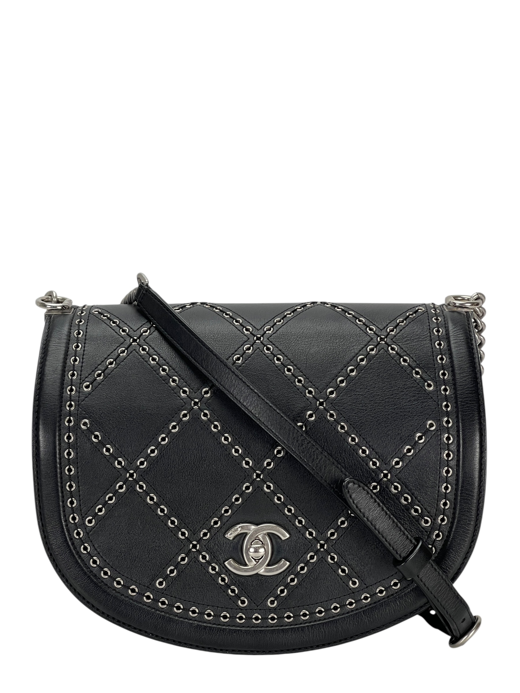 CHANEL - Black Calfskin Coco Eyelet Round Chain Shoulder Bag Silver Hardware