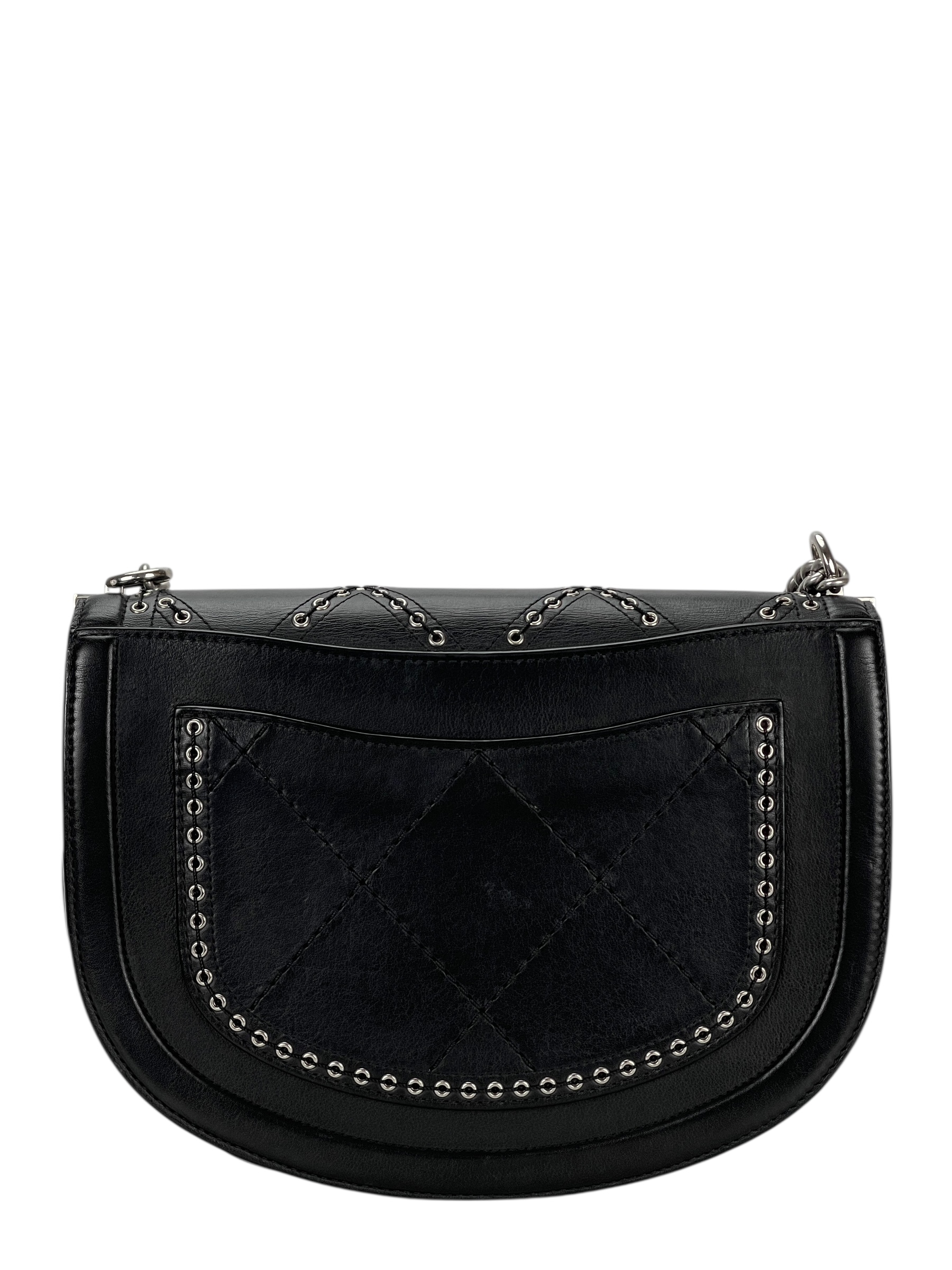 CHANEL - Black Calfskin Coco Eyelet Round Chain Shoulder Bag Silver Hardware