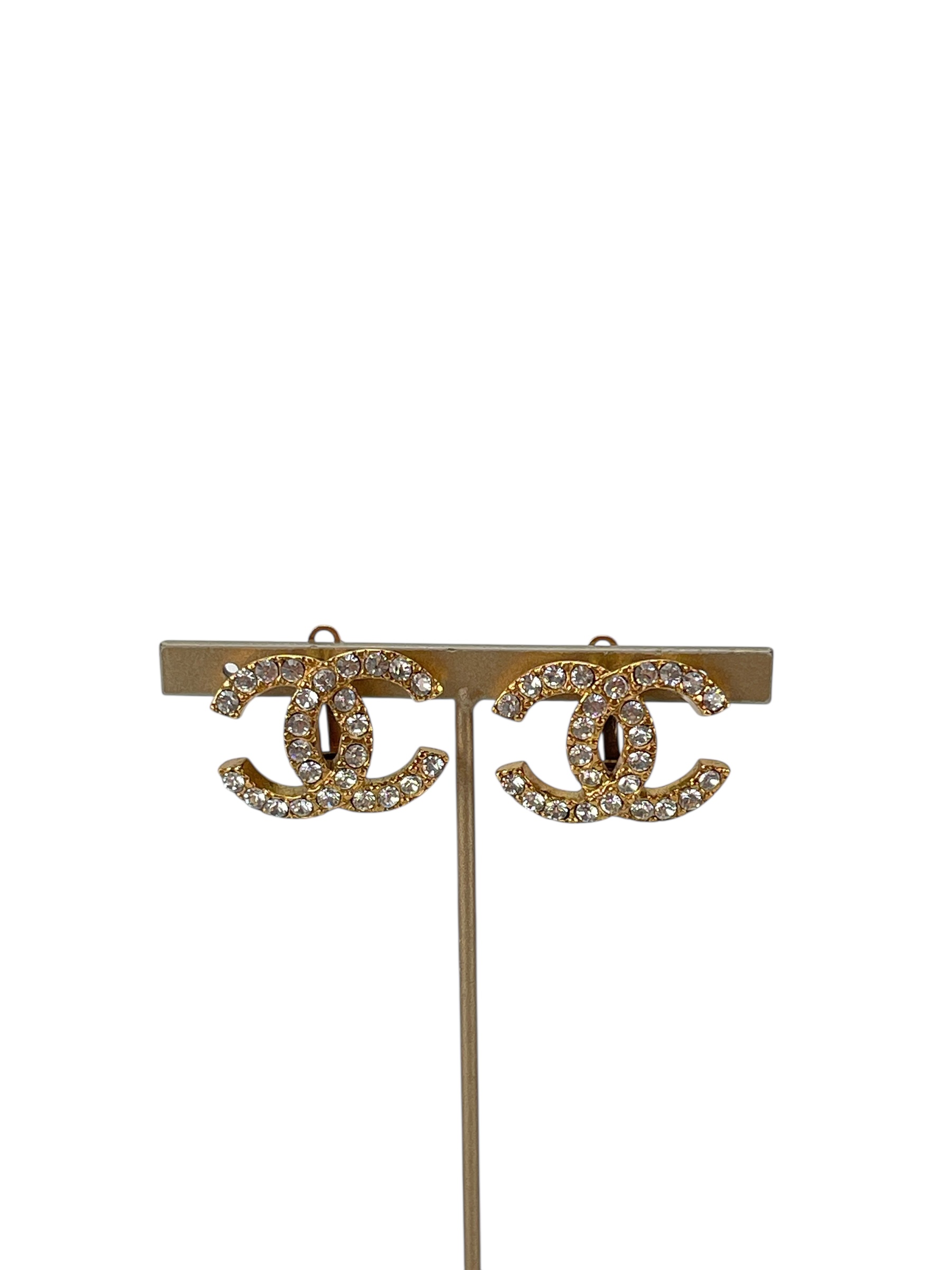 CHANEL - 02A Gold Rhinestone Coco Mark Earrings