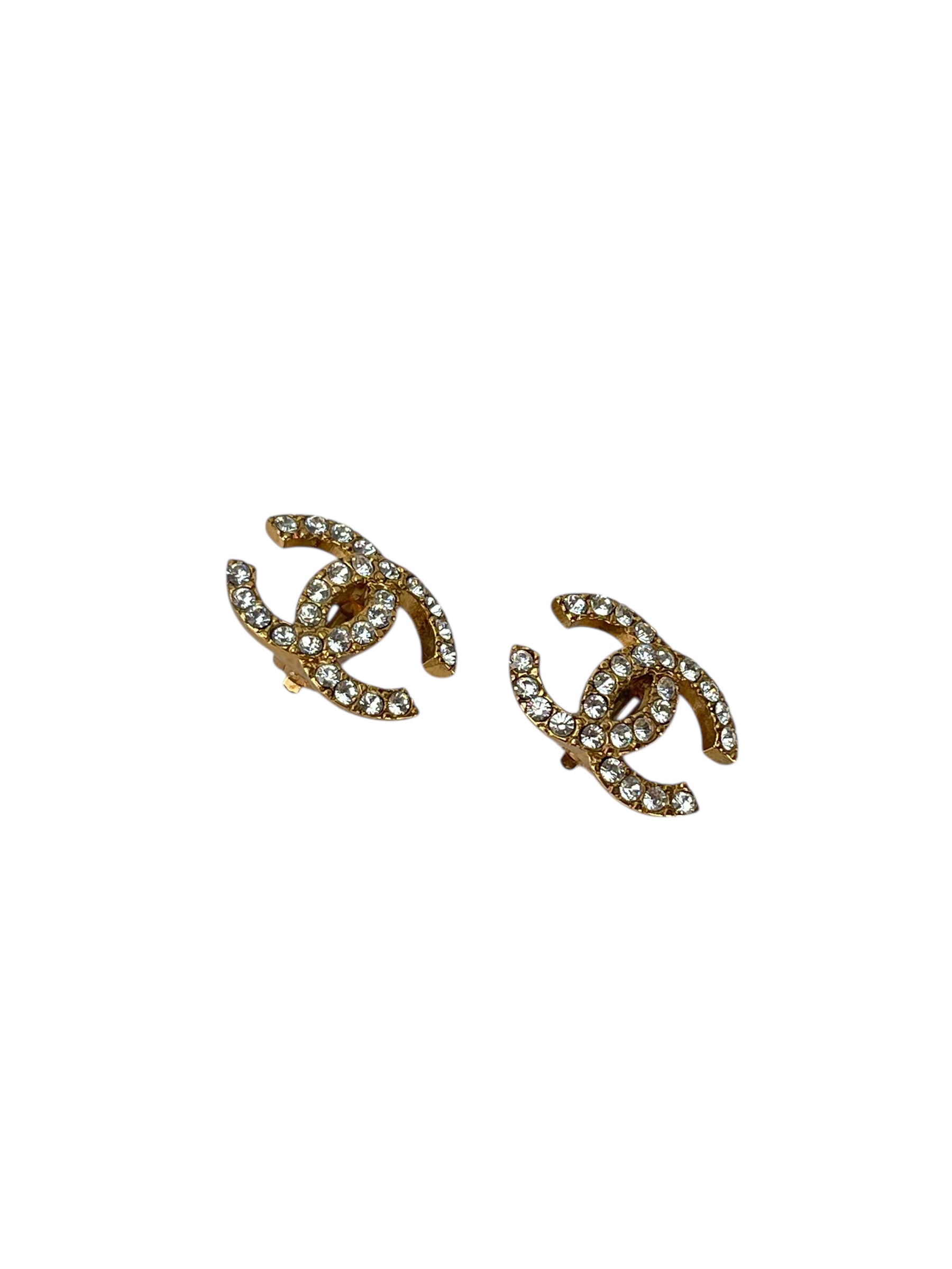 CHANEL - 02A Gold Rhinestone Coco Mark Earrings