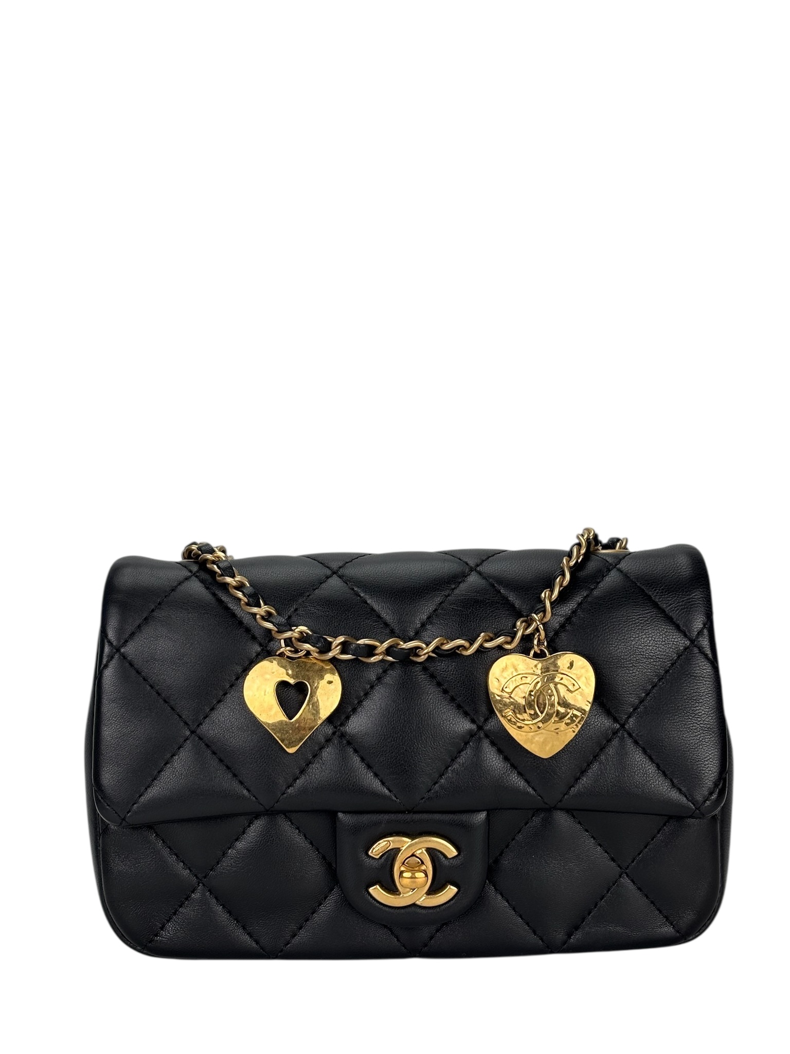 CHANEL - Black Lambskin Square 17 Quilted Heart Charms Flap Shoulder Bag