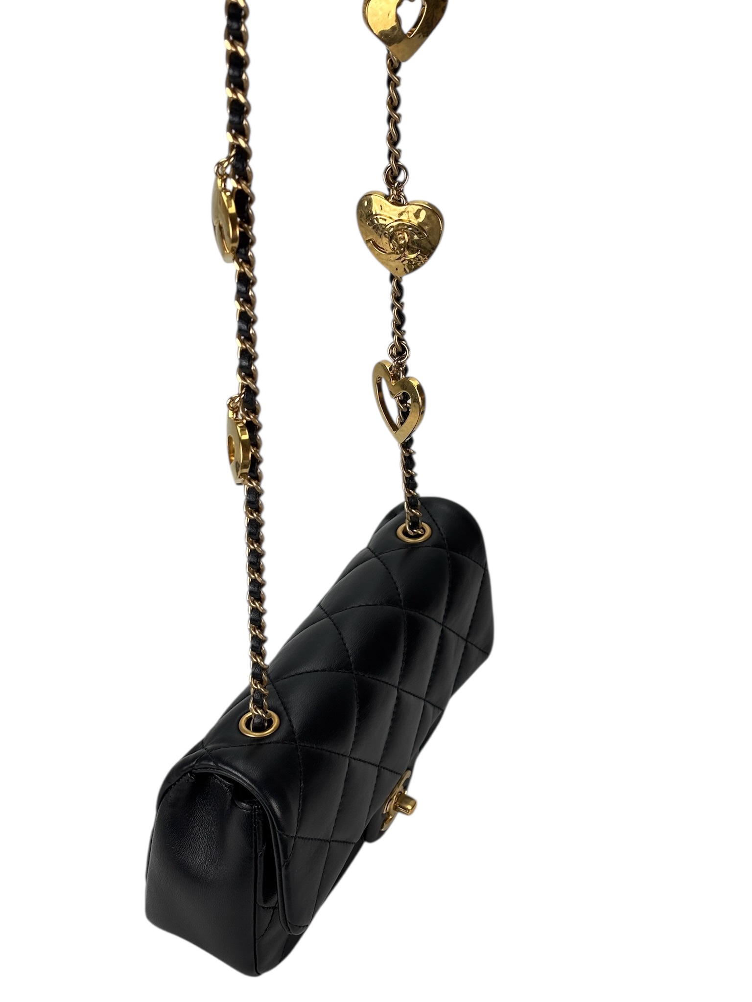 CHANEL - Black Lambskin Square 17 Quilted Heart Charms Flap Shoulder Bag