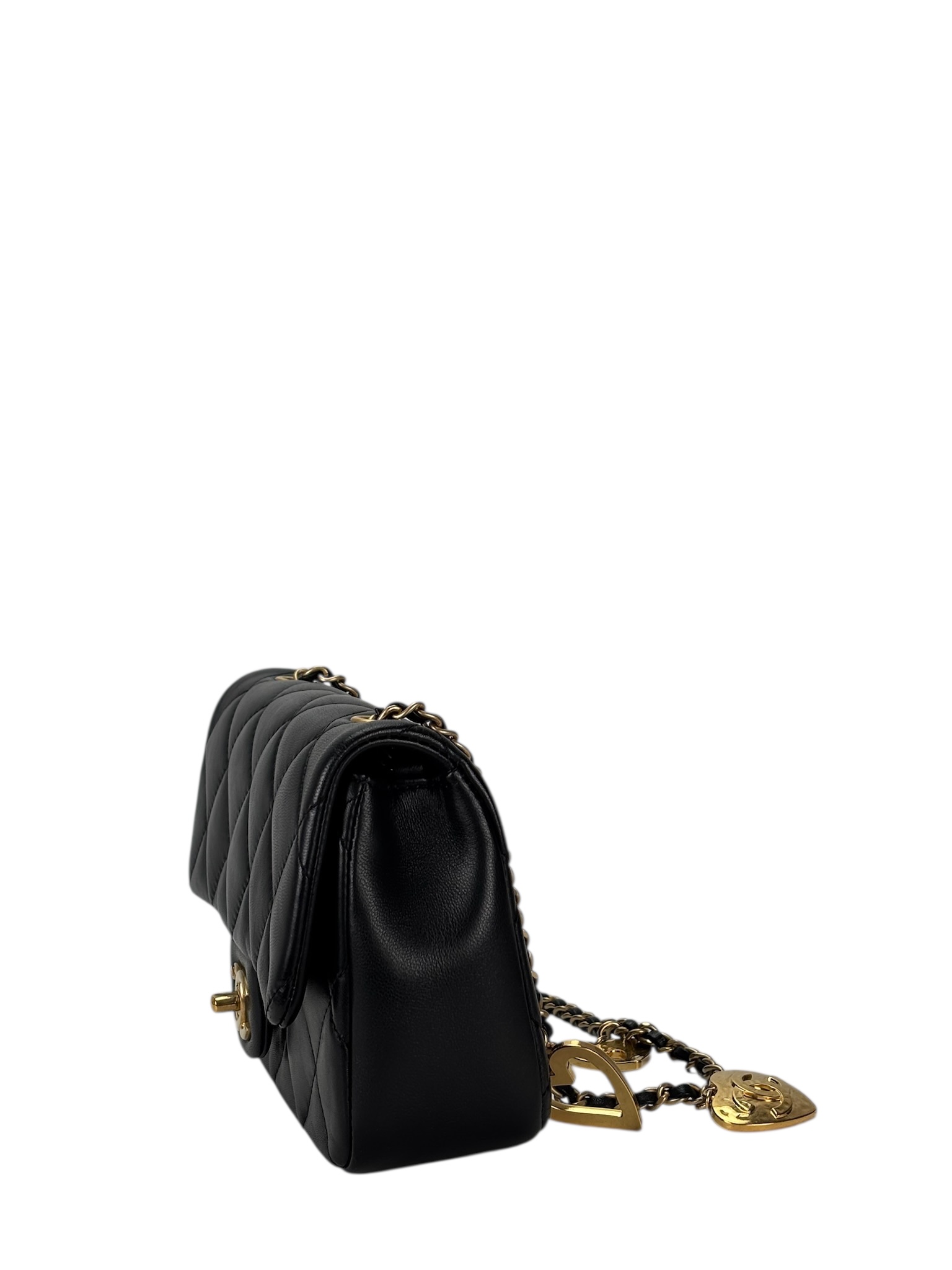 CHANEL - Black Lambskin Square 17 Quilted Heart Charms Flap Shoulder Bag