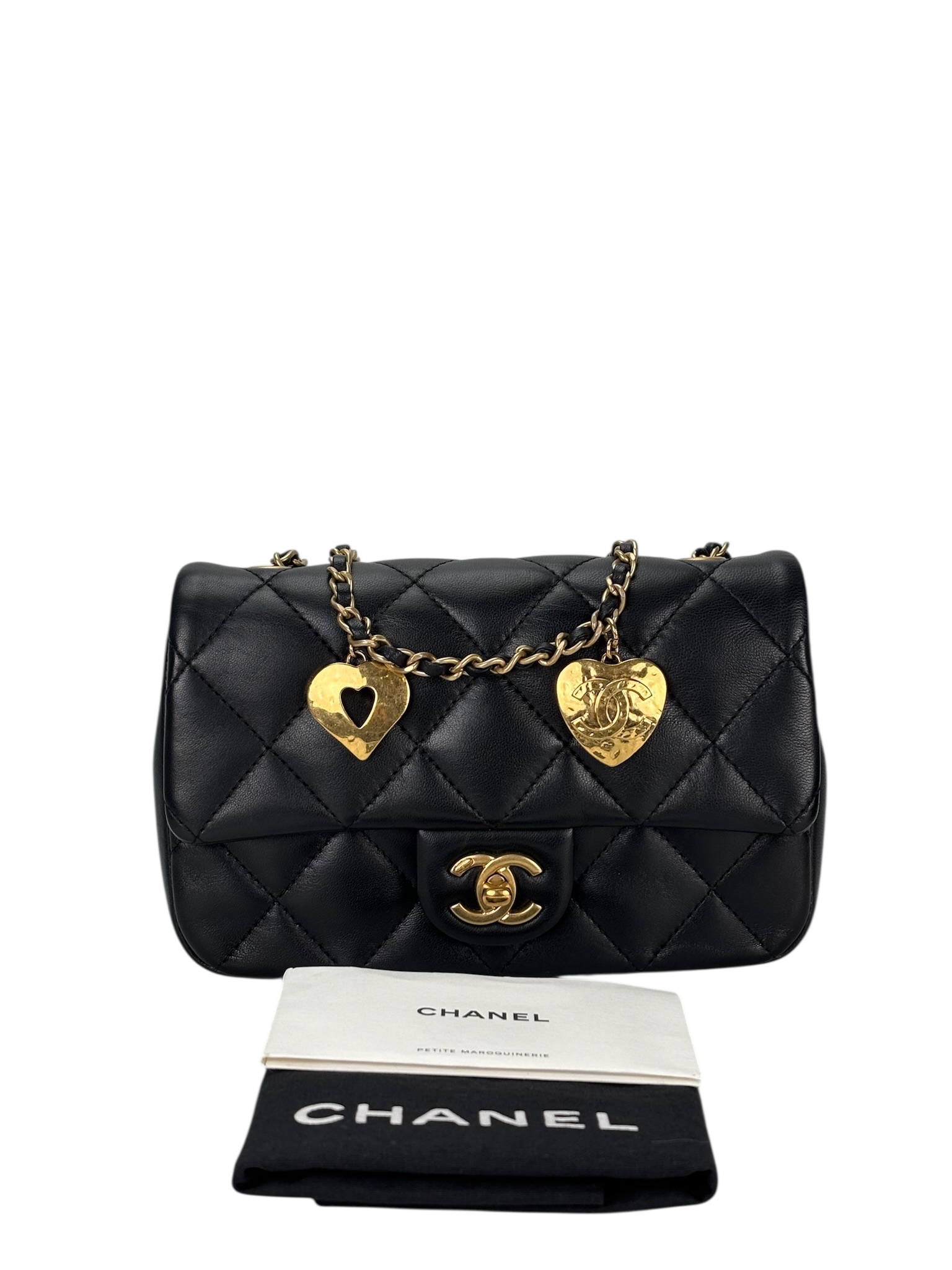 CHANEL - Black Lambskin Square 17 Quilted Heart Charms Flap Shoulder Bag