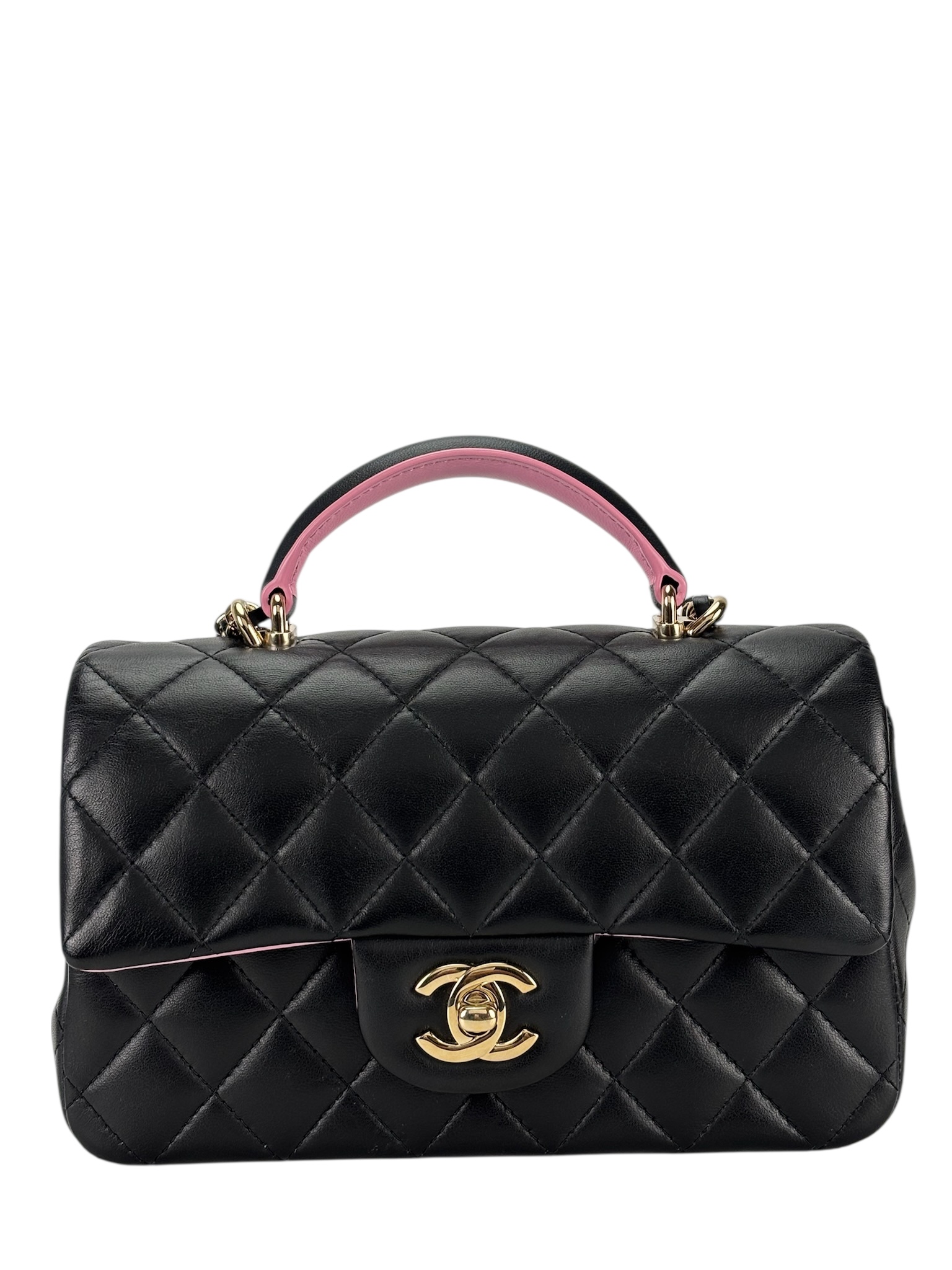 CHANEL - Black Pink Lambskin Mini Rectangular Top Handle Handbag