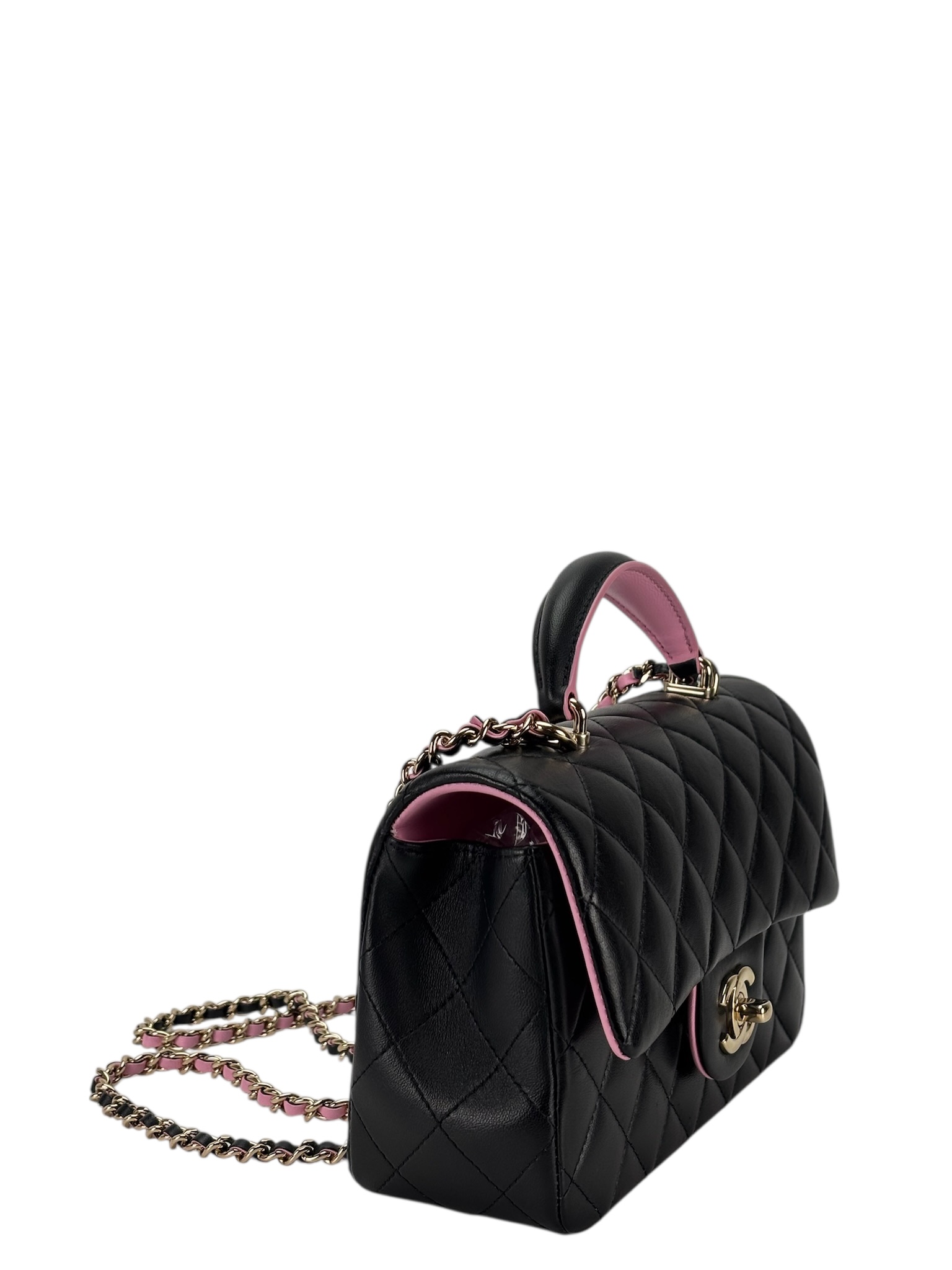 CHANEL - Black Pink Lambskin Mini Rectangular Top Handle Handbag