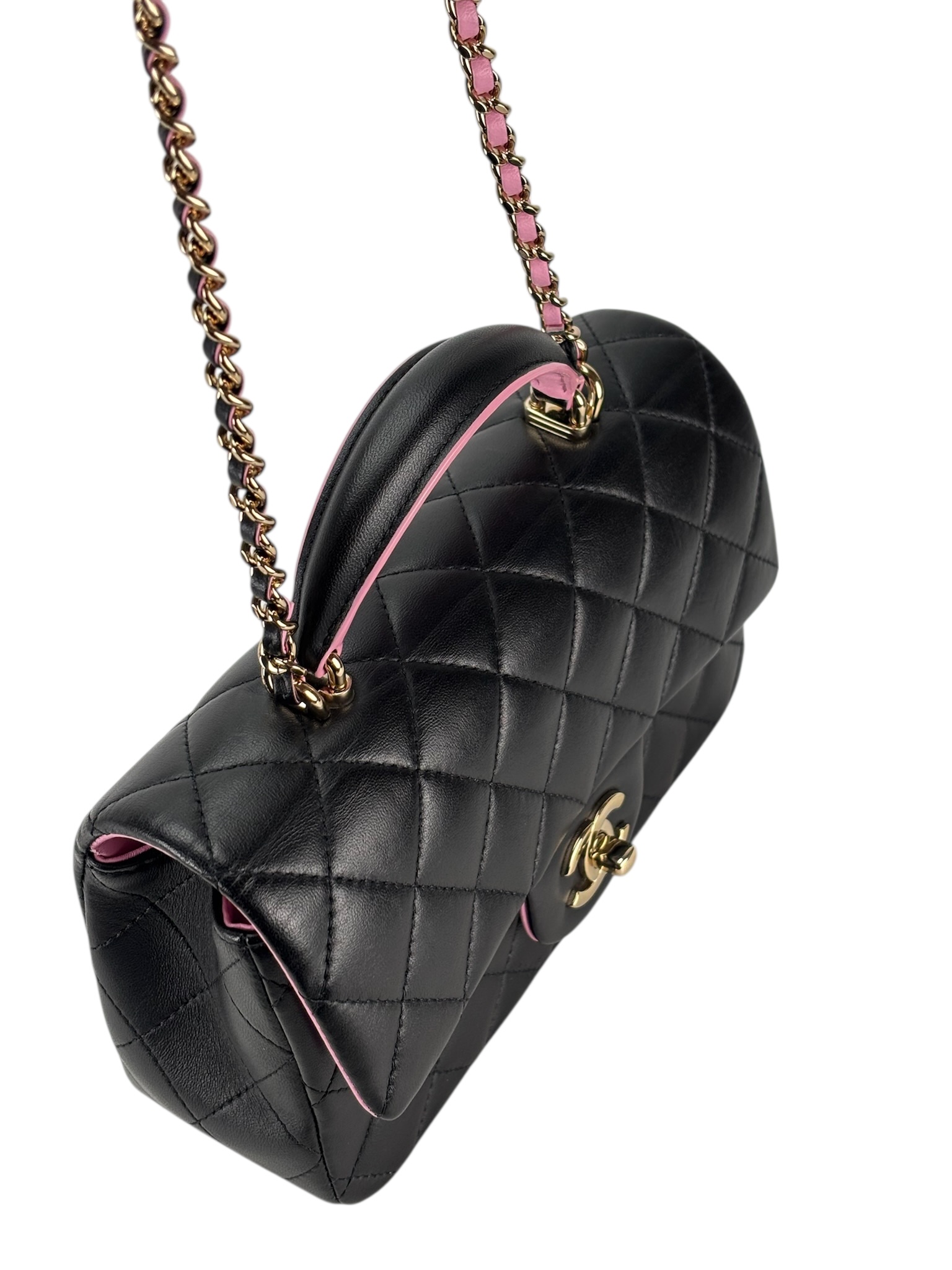 CHANEL - Black Pink Lambskin Mini Rectangular Top Handle Handbag
