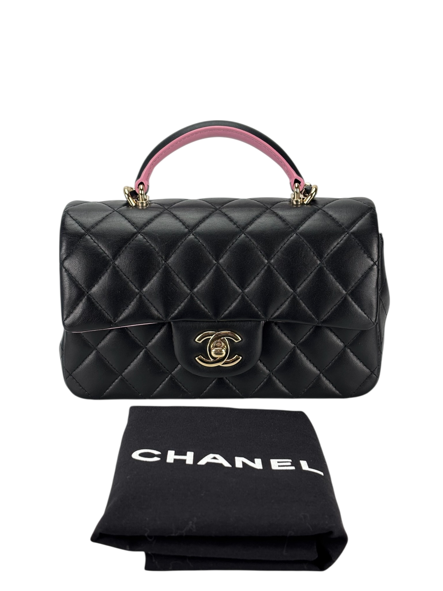 CHANEL - Black Pink Lambskin Mini Rectangular Top Handle Handbag