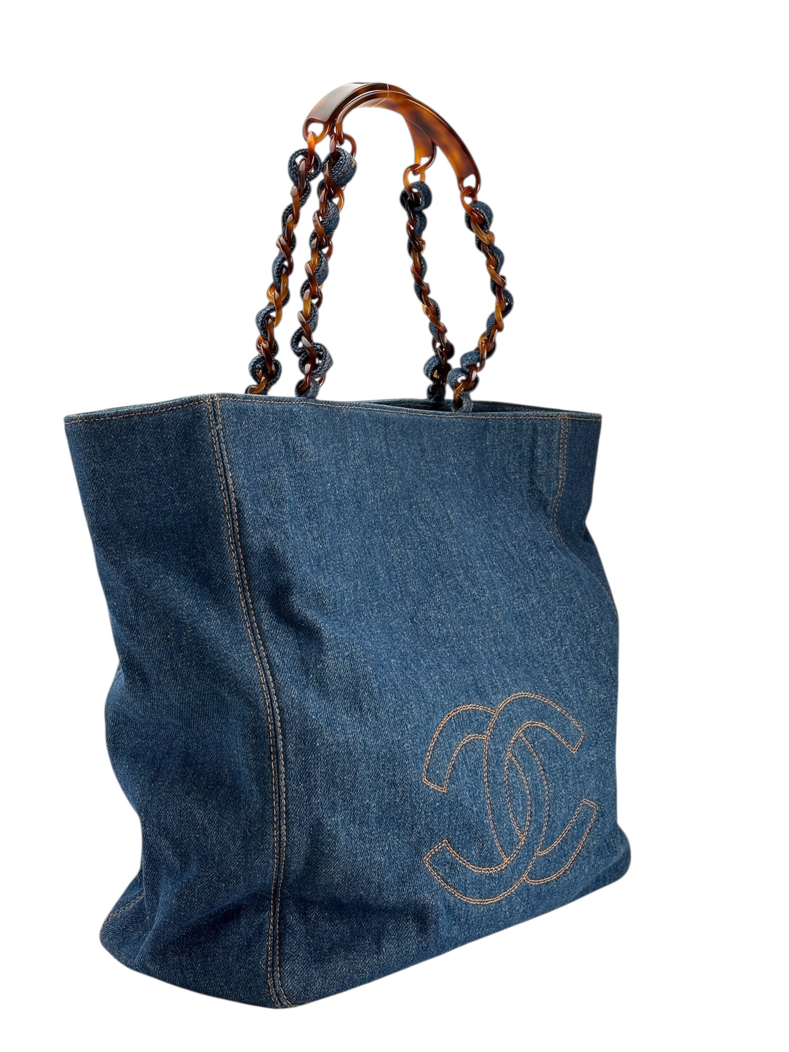 CHANEL - Denim Tortoiseshell Chain Tote Bag