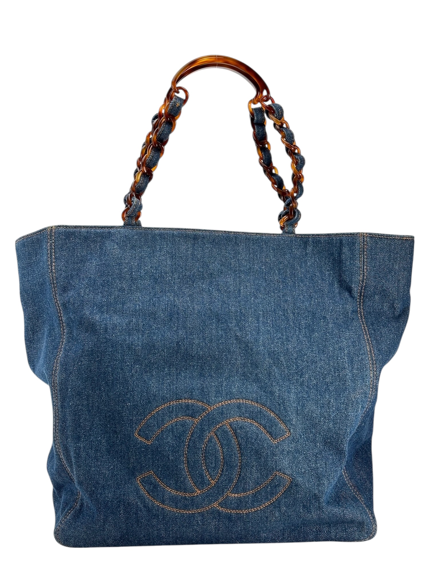 CHANEL - Denim Tortoiseshell Chain Tote Bag