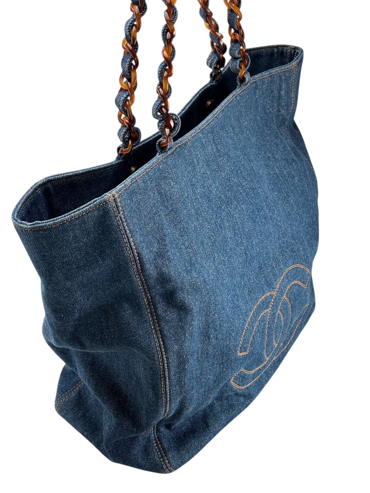 CHANEL - Denim Tortoiseshell Chain Tote Bag