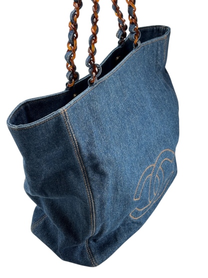 CHANEL - Denim Tortoiseshell Chain Tote Bag