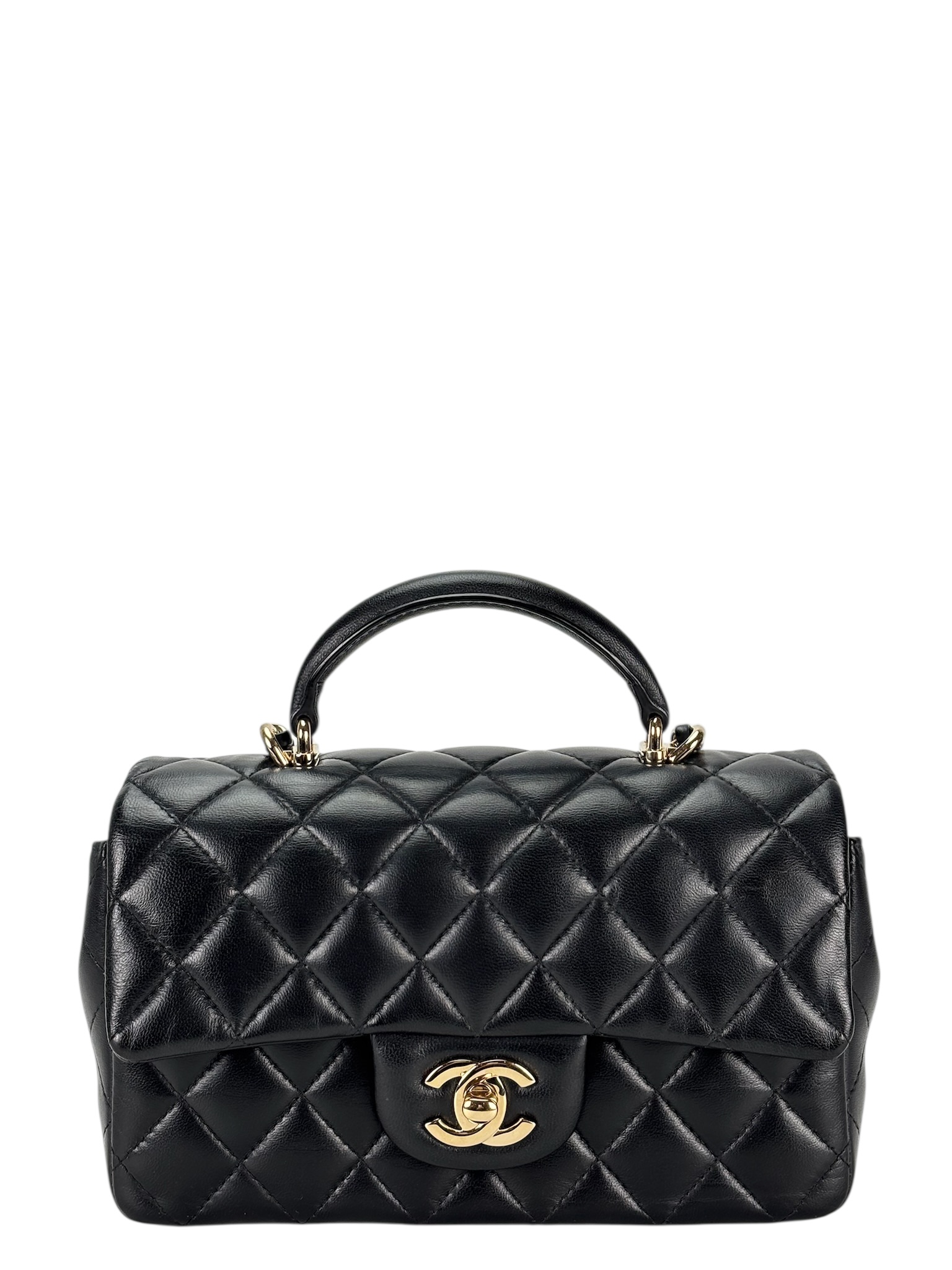 CHANEL - 24A Top Handle Mini Matlasse 20 Lambskin Chain Bag Black Gold Hardware