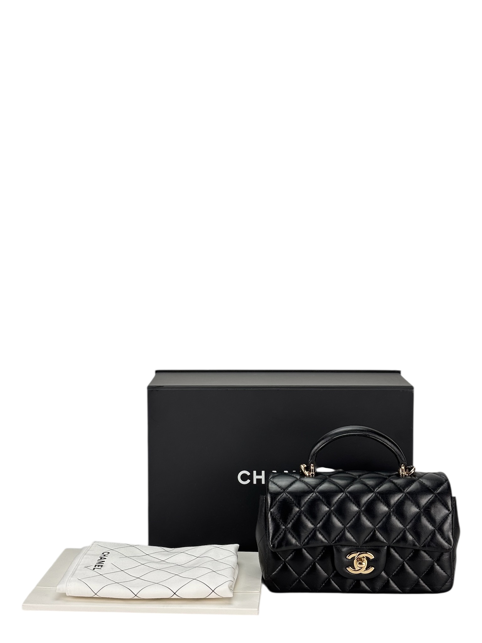 CHANEL - 24A Top Handle Mini Matlasse 20 Lambskin Chain Bag Black Gold Hardware