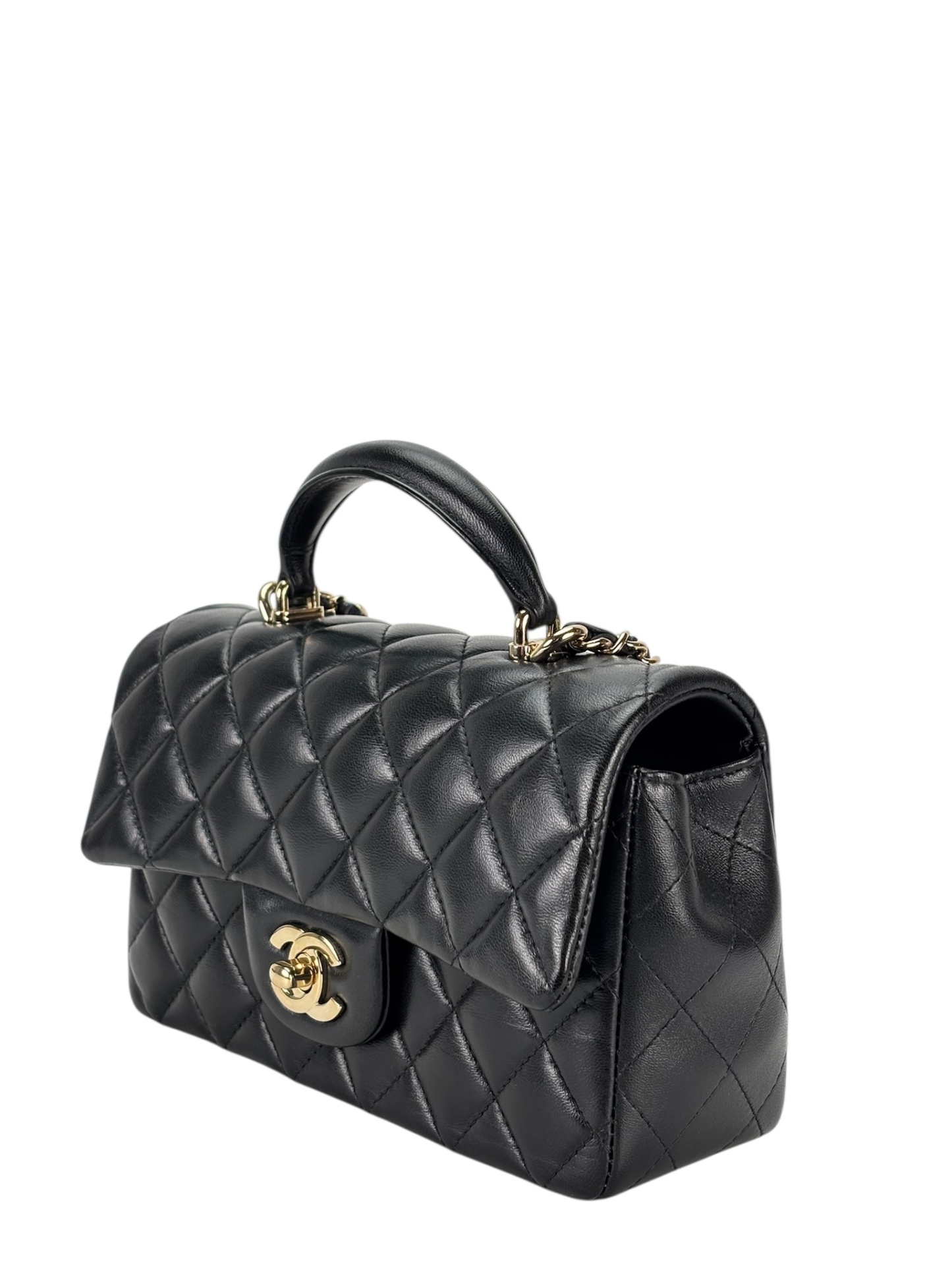 CHANEL - 24A Top Handle Mini Matlasse 20 Lambskin Chain Bag Black Gold Hardware