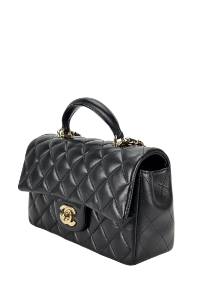 CHANEL - 24A Top Handle Mini Matlasse 20 Lambskin Chain Bag Black Gold Hardware