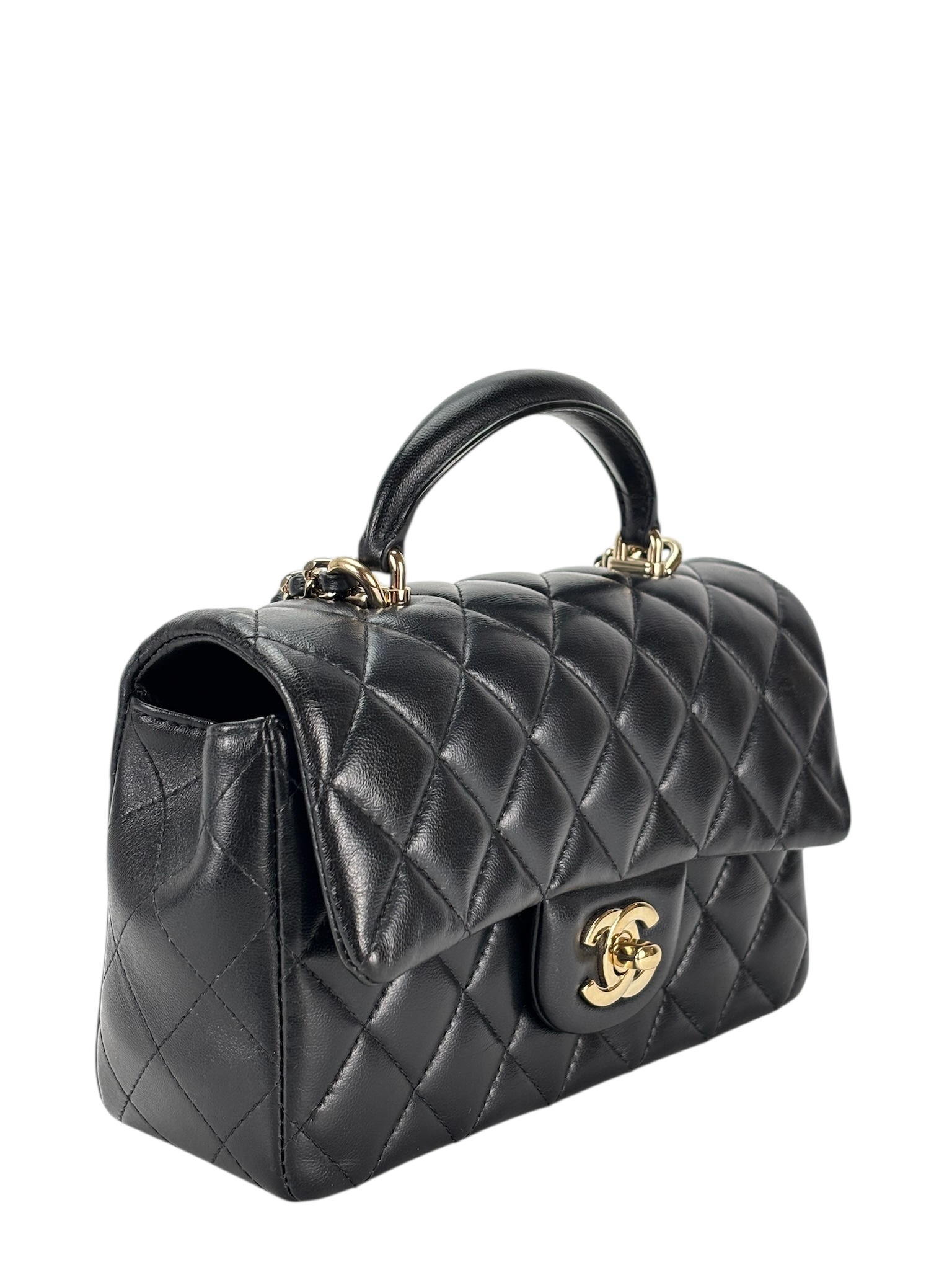 CHANEL - 24A Top Handle Mini Matlasse 20 Lambskin Chain Bag Black Gold Hardware