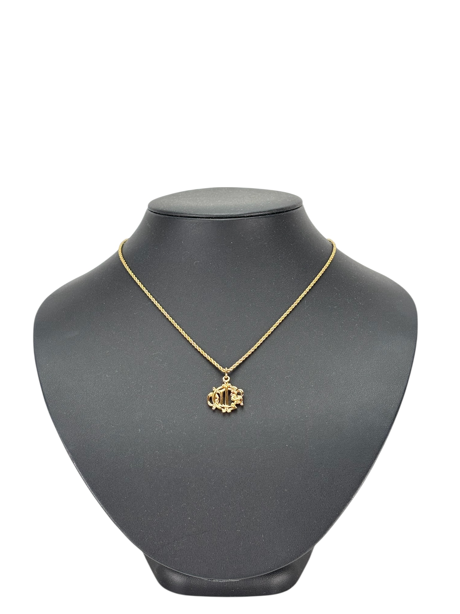 CHRISTIAN DIOR - Gold Tone Emblem Logo Pendant Necklace 