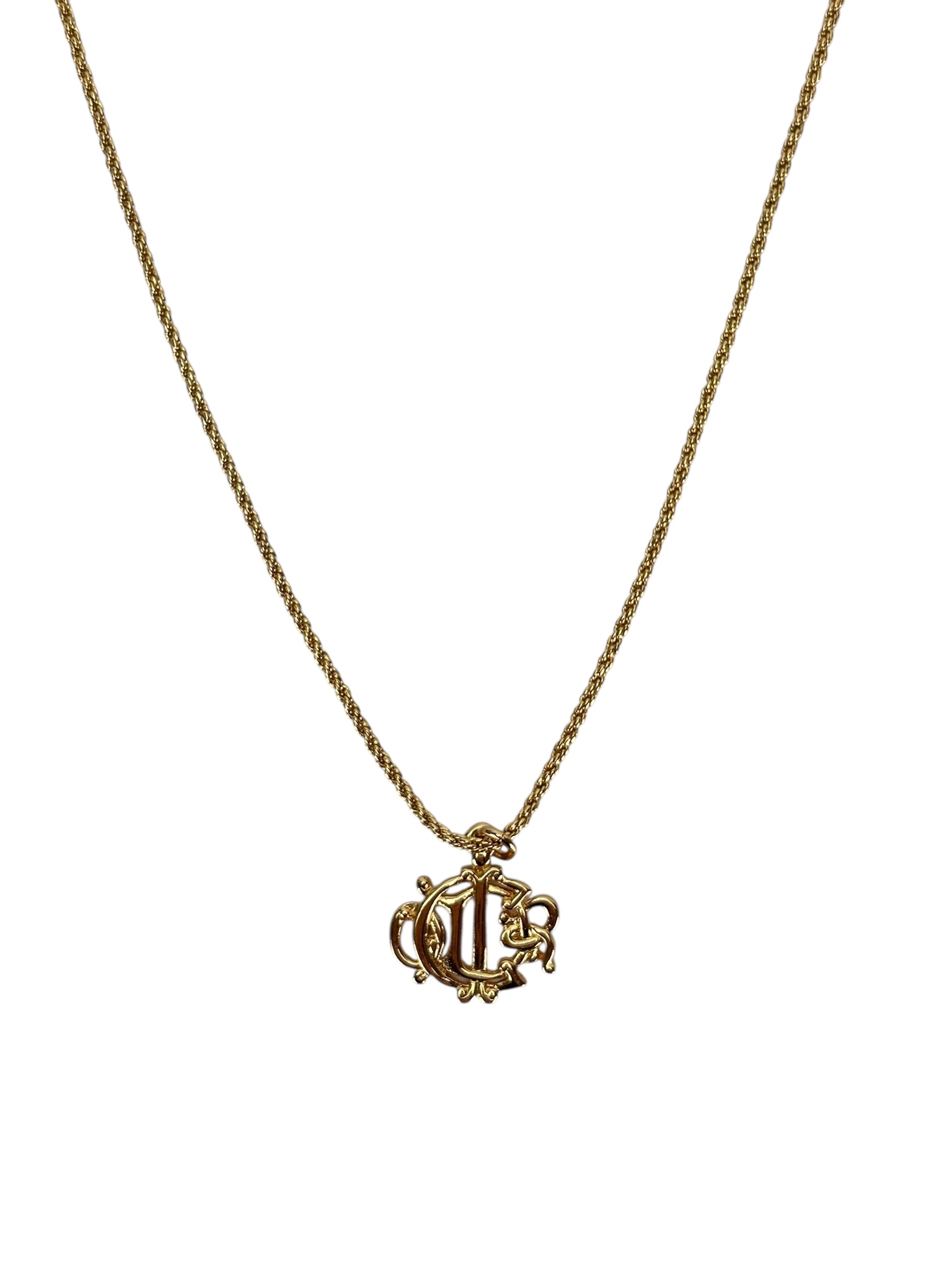 CHRISTIAN DIOR - Gold Tone Emblem Logo Pendant Necklace 