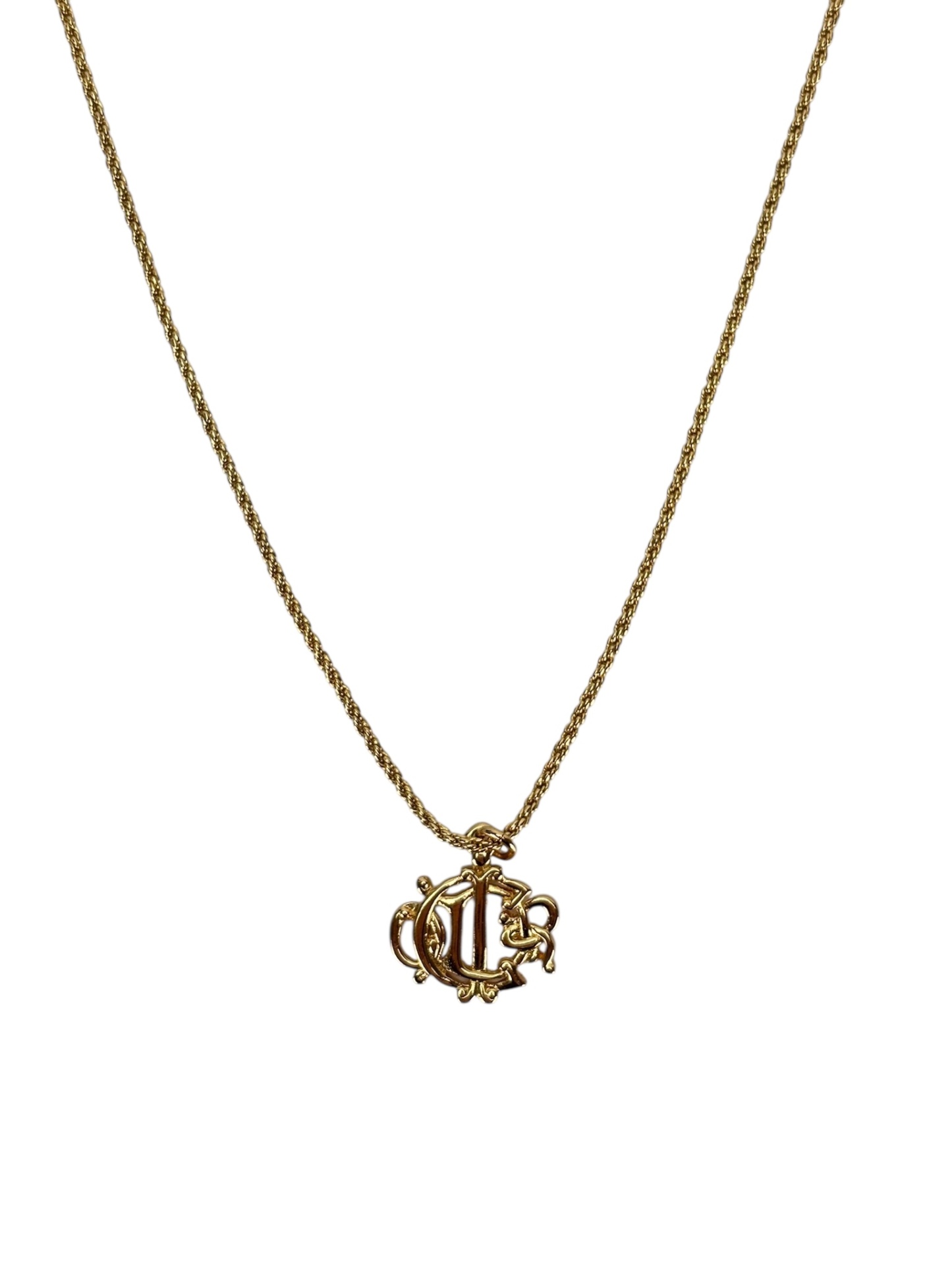 CHRISTIAN DIOR - Gold Tone Emblem Logo Pendant Necklace 