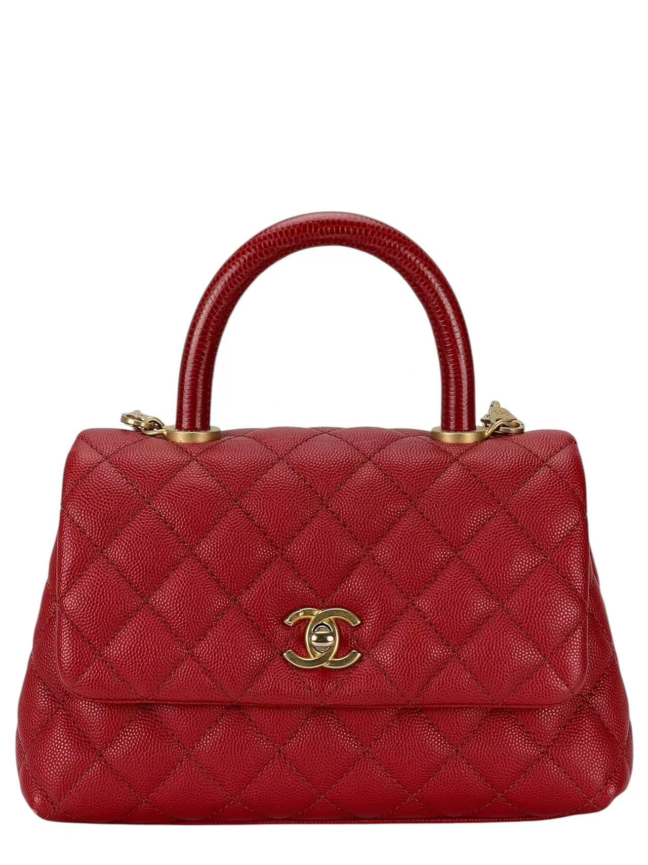 CHANEL - Red Caviar Lizard Embossed Quilted Small Coco Handle Bag