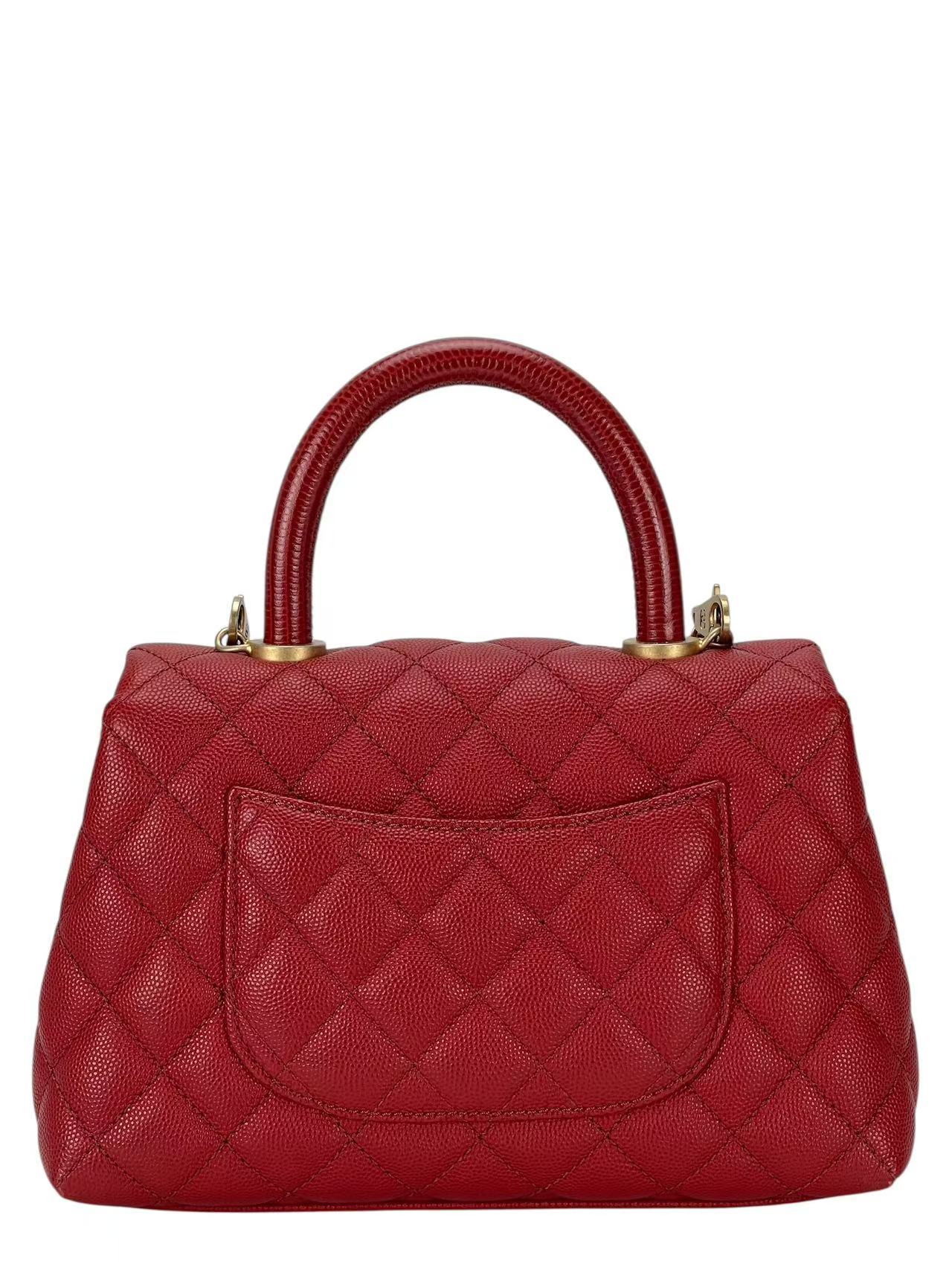 CHANEL - Red Caviar Lizard Embossed Quilted Small Coco Handle Bag
