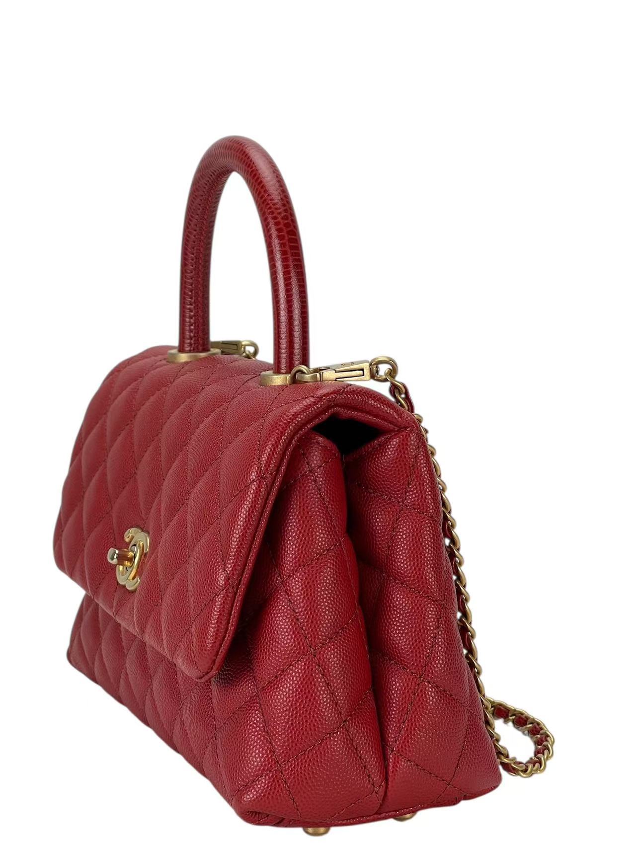 CHANEL - Red Caviar Lizard Embossed Quilted Small Coco Handle Bag