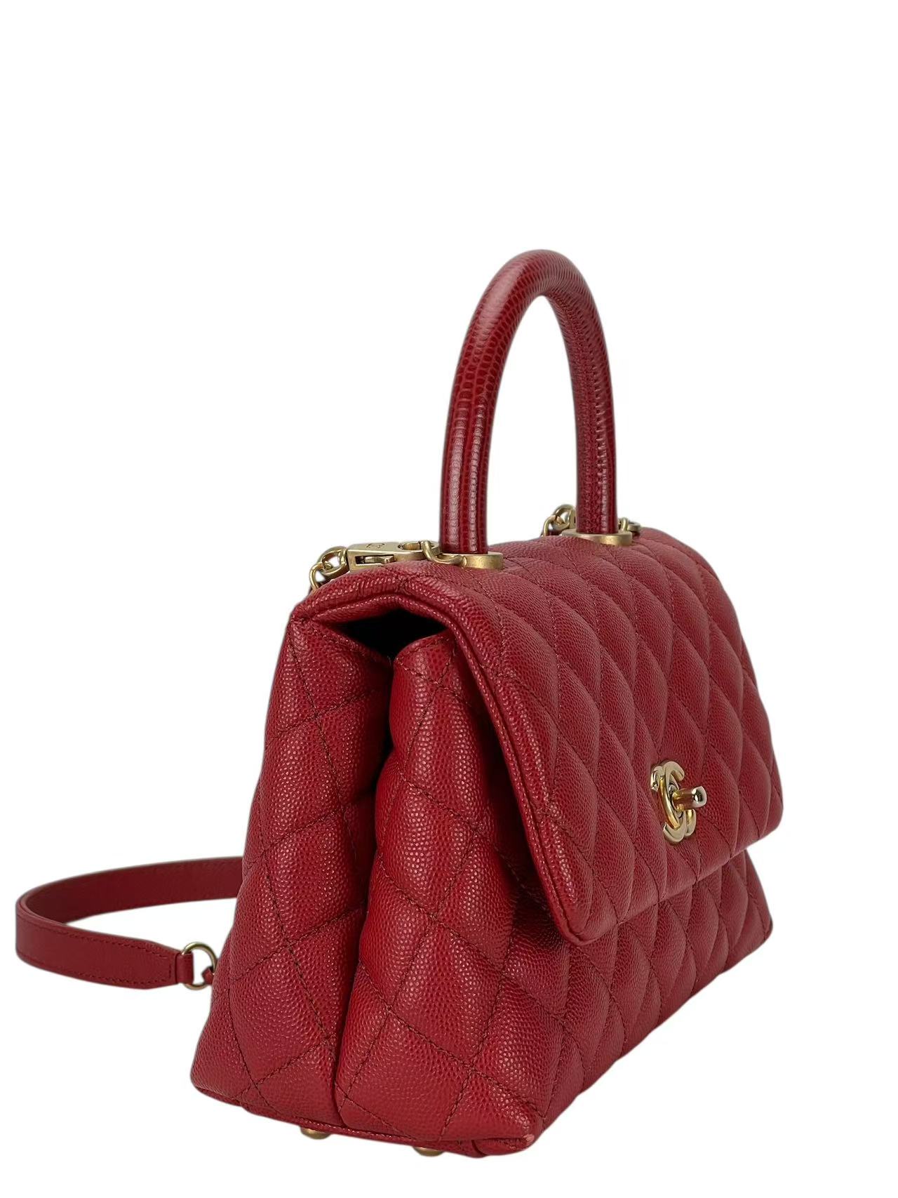 CHANEL - Red Caviar Lizard Embossed Quilted Small Coco Handle Bag