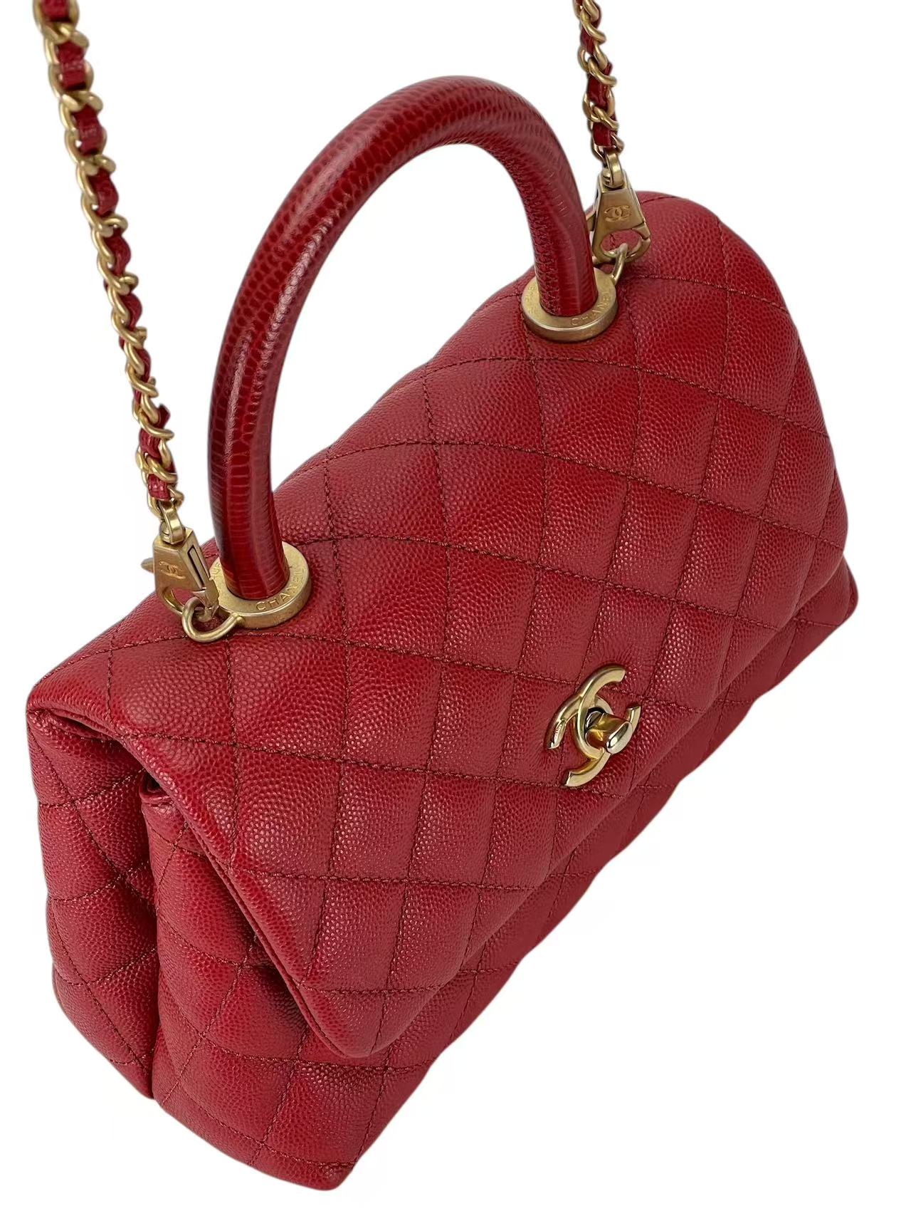 CHANEL - Red Caviar Lizard Embossed Quilted Small Coco Handle Bag