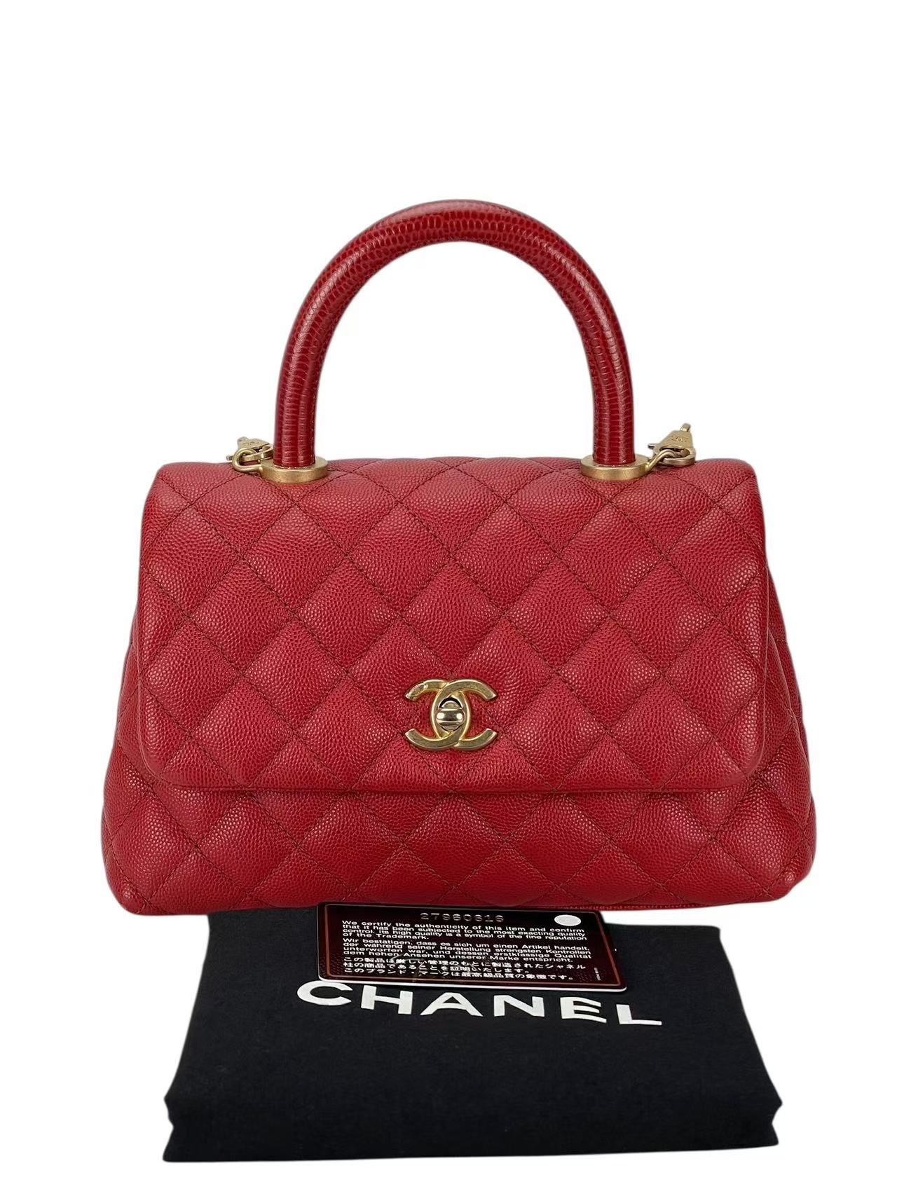 CHANEL - Red Caviar Lizard Embossed Quilted Small Coco Handle Bag