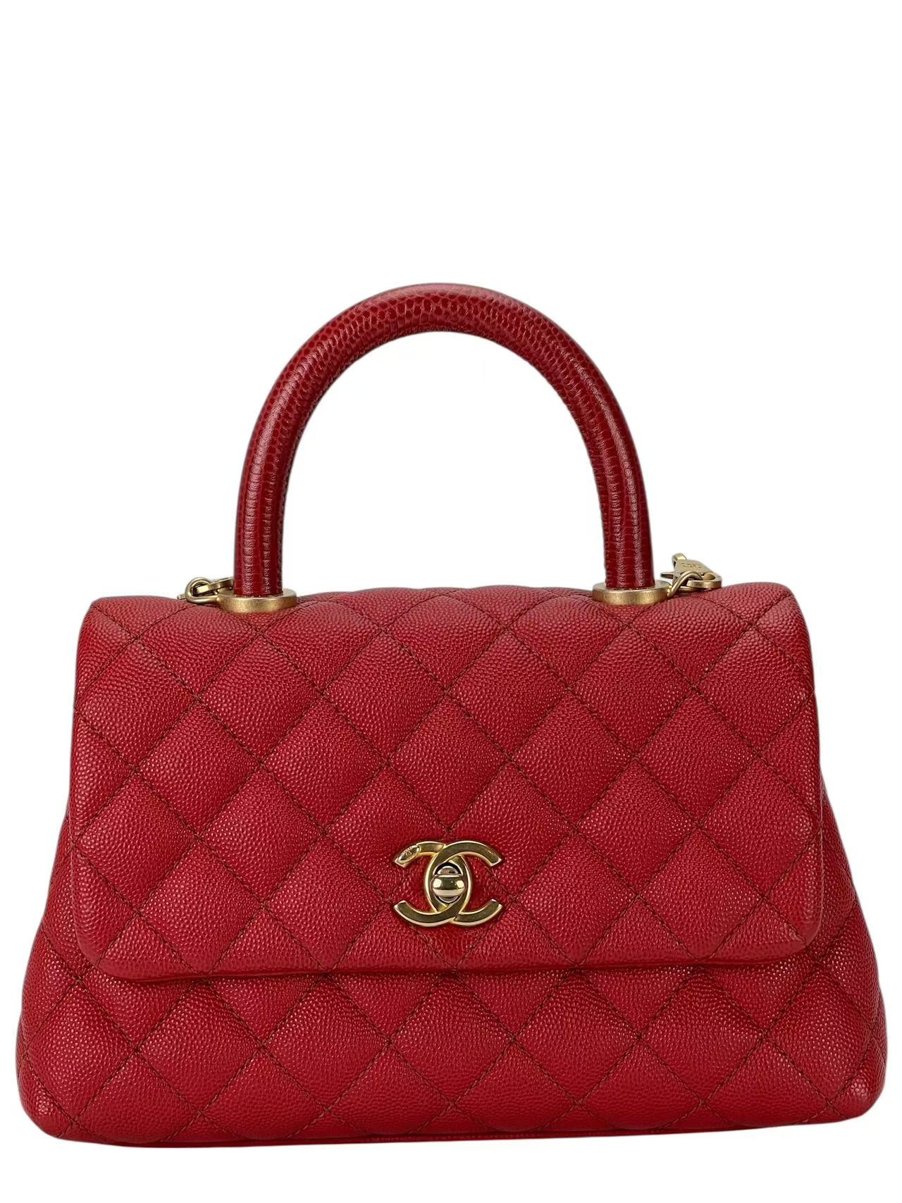 CHANEL - Red Caviar Lizard Embossed Quilted Small Coco Handle Bag