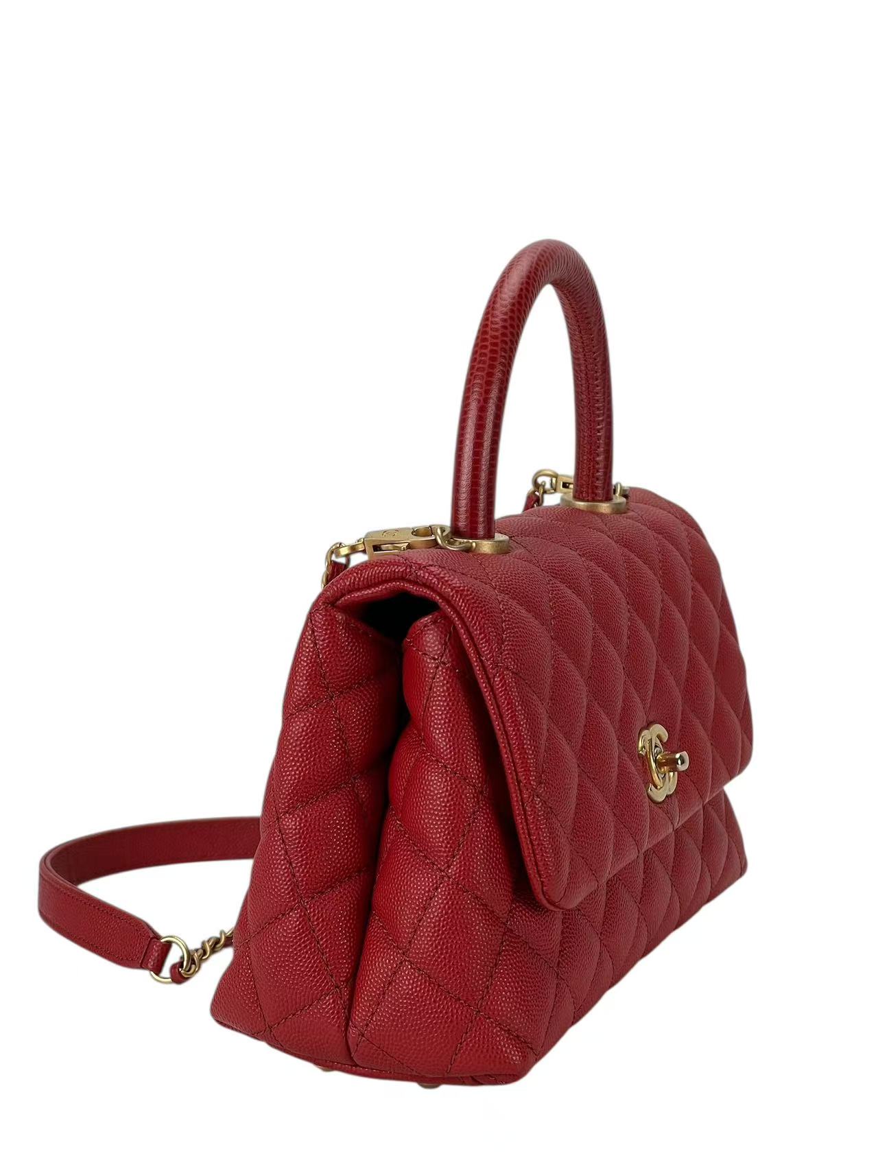 CHANEL - Red Caviar Lizard Embossed Quilted Small Coco Handle Bag