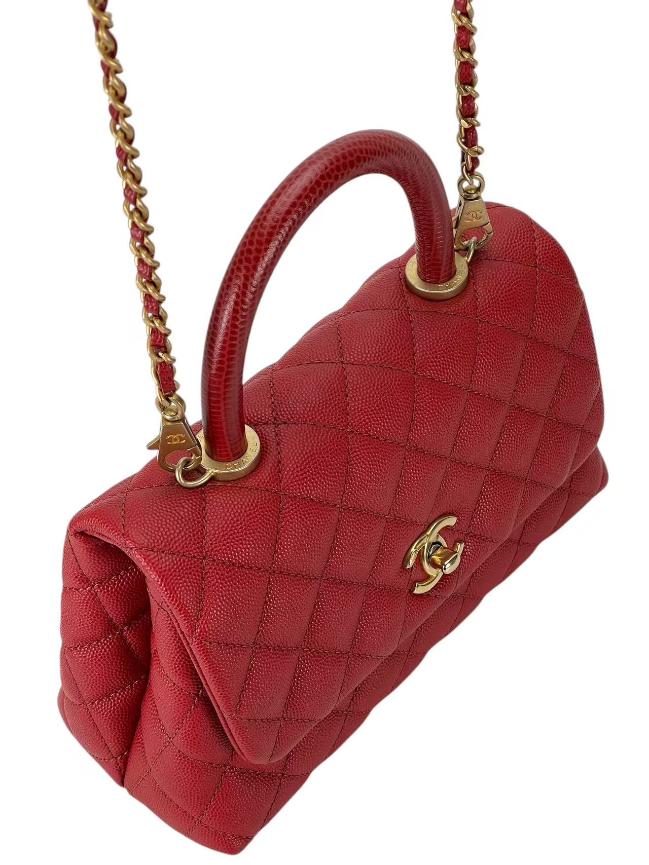 CHANEL - Red Caviar Lizard Embossed Quilted Small Coco Handle Bag