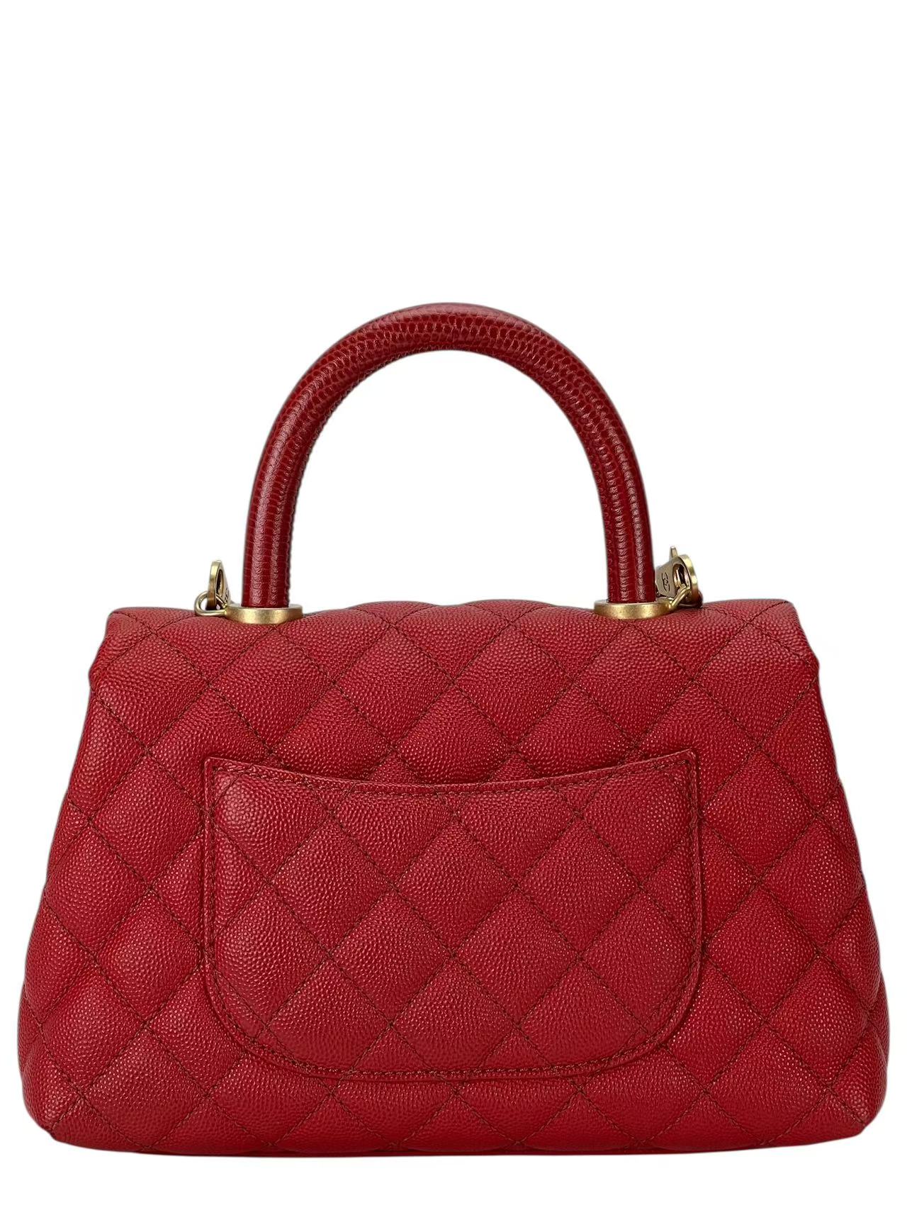 CHANEL - Red Caviar Lizard Embossed Quilted Small Coco Handle Bag