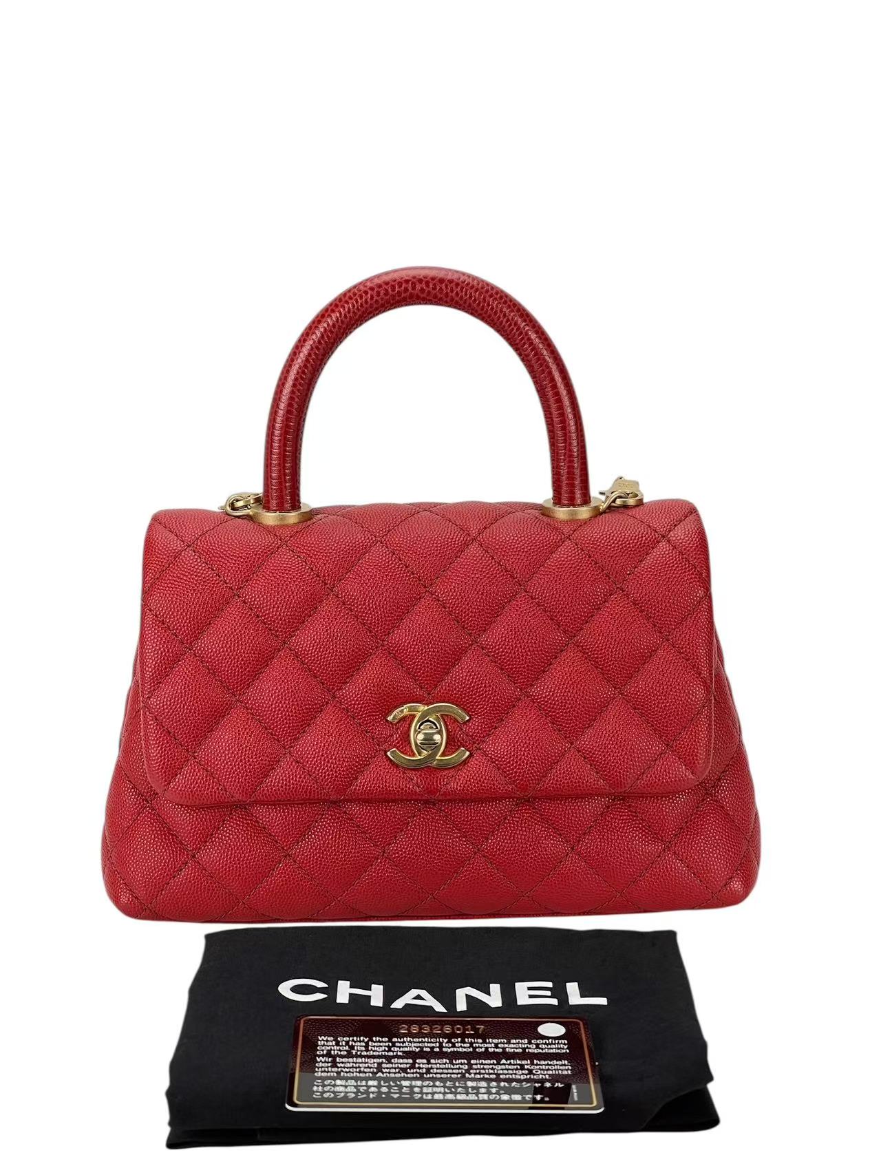 CHANEL - Red Caviar Lizard Embossed Quilted Small Coco Handle Bag