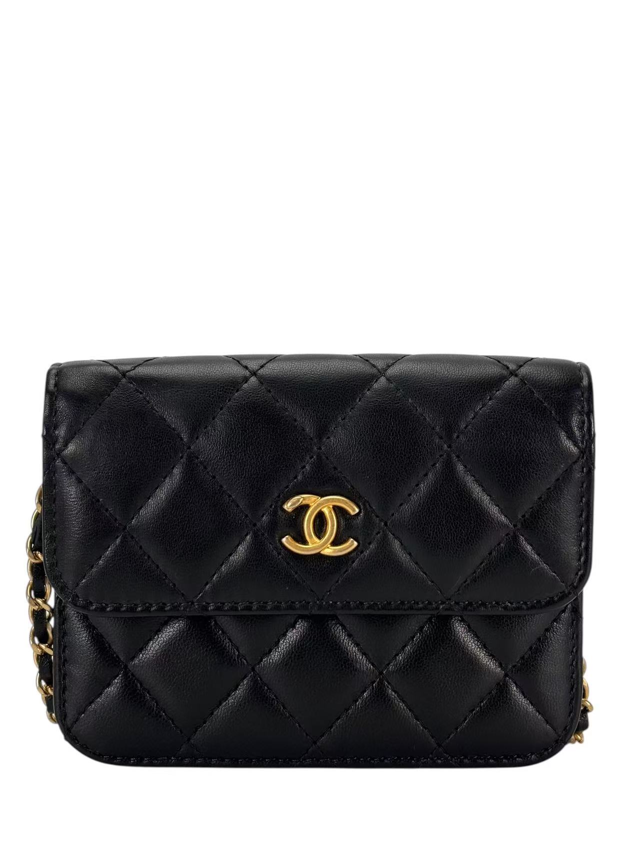 CHANEL - Black Lambskin Wallet On Chain Shoulder Bag Gold Hardware