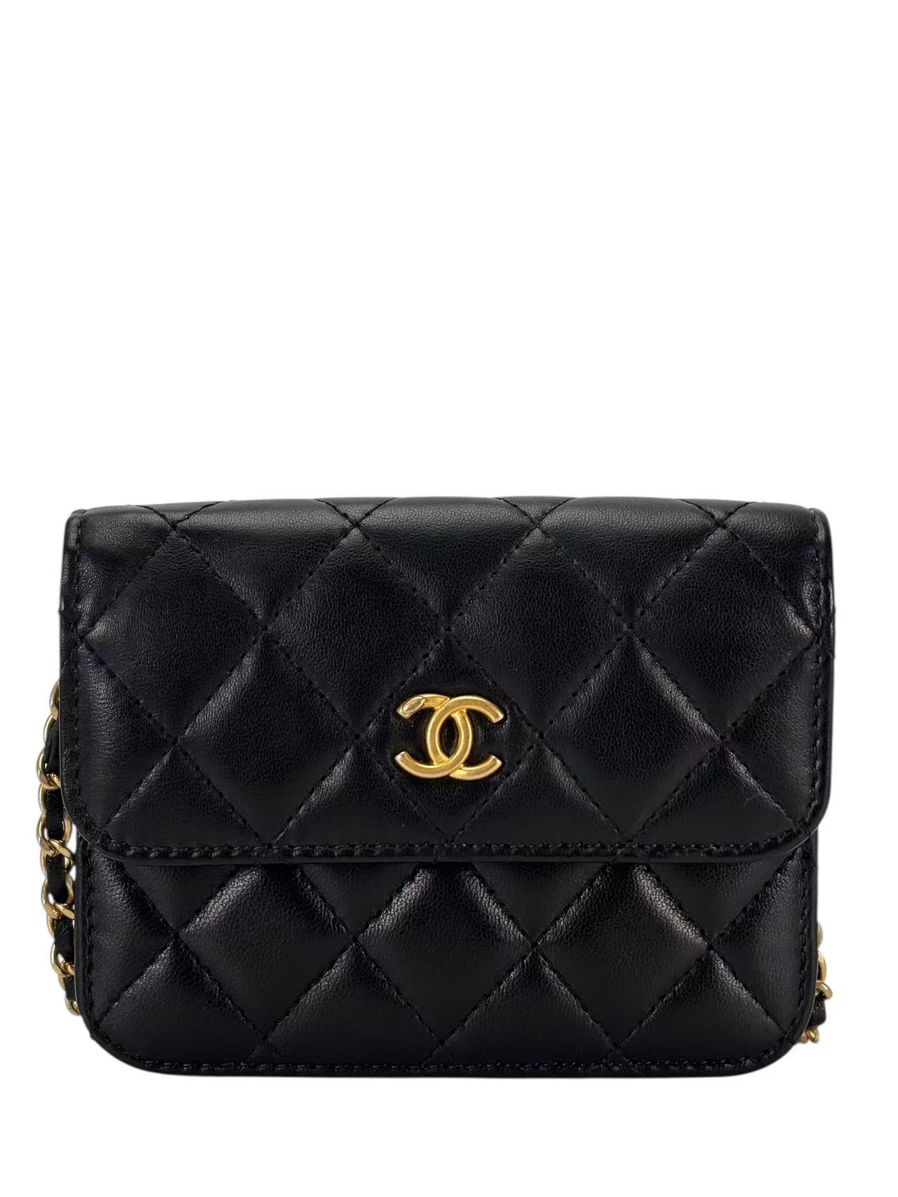CHANEL - Black Lambskin Pearl Crush Clutch Wallet On Chain
