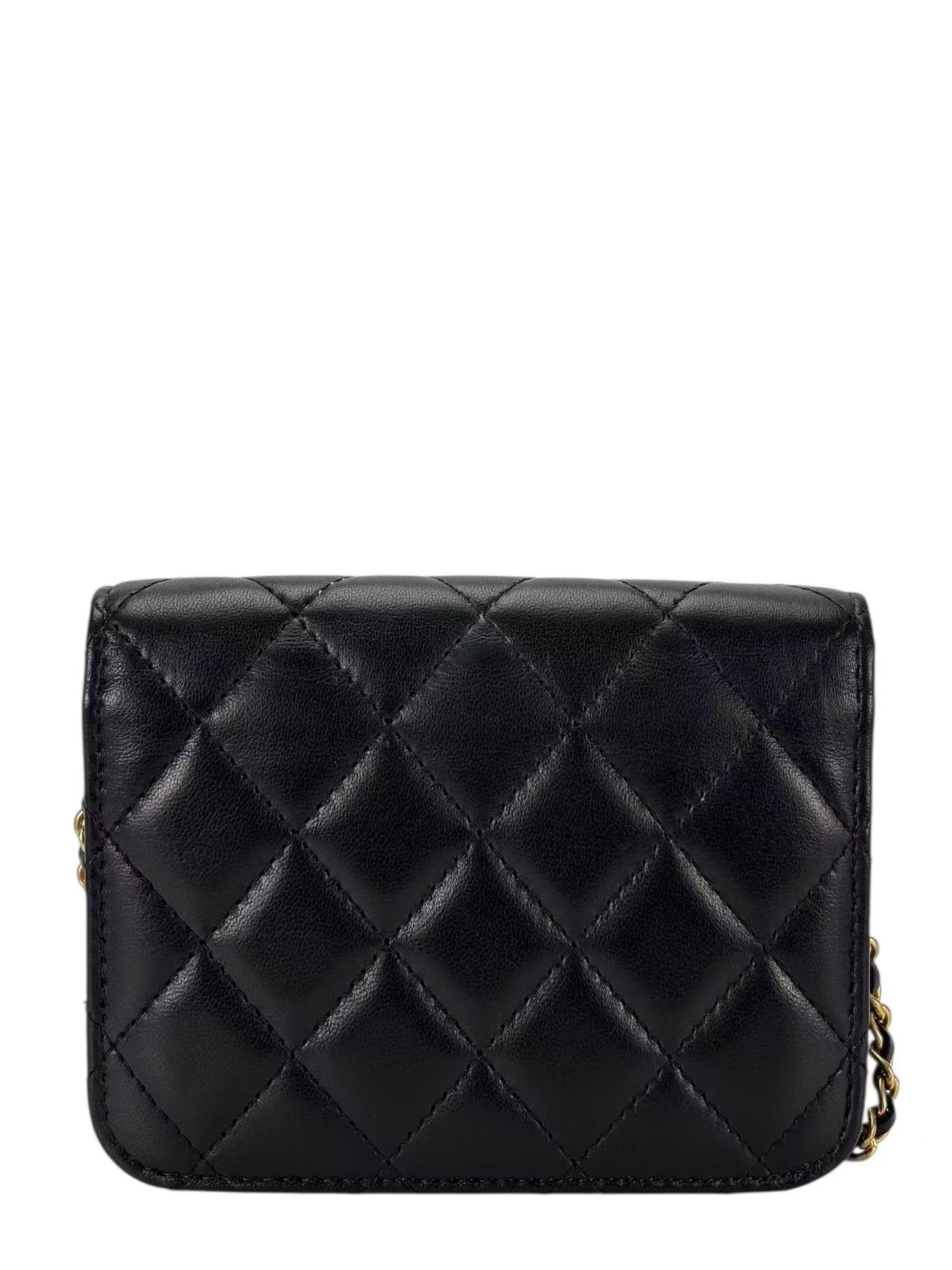 CHANEL - Black Lambskin Wallet On Chain Shoulder Bag Gold Hardware