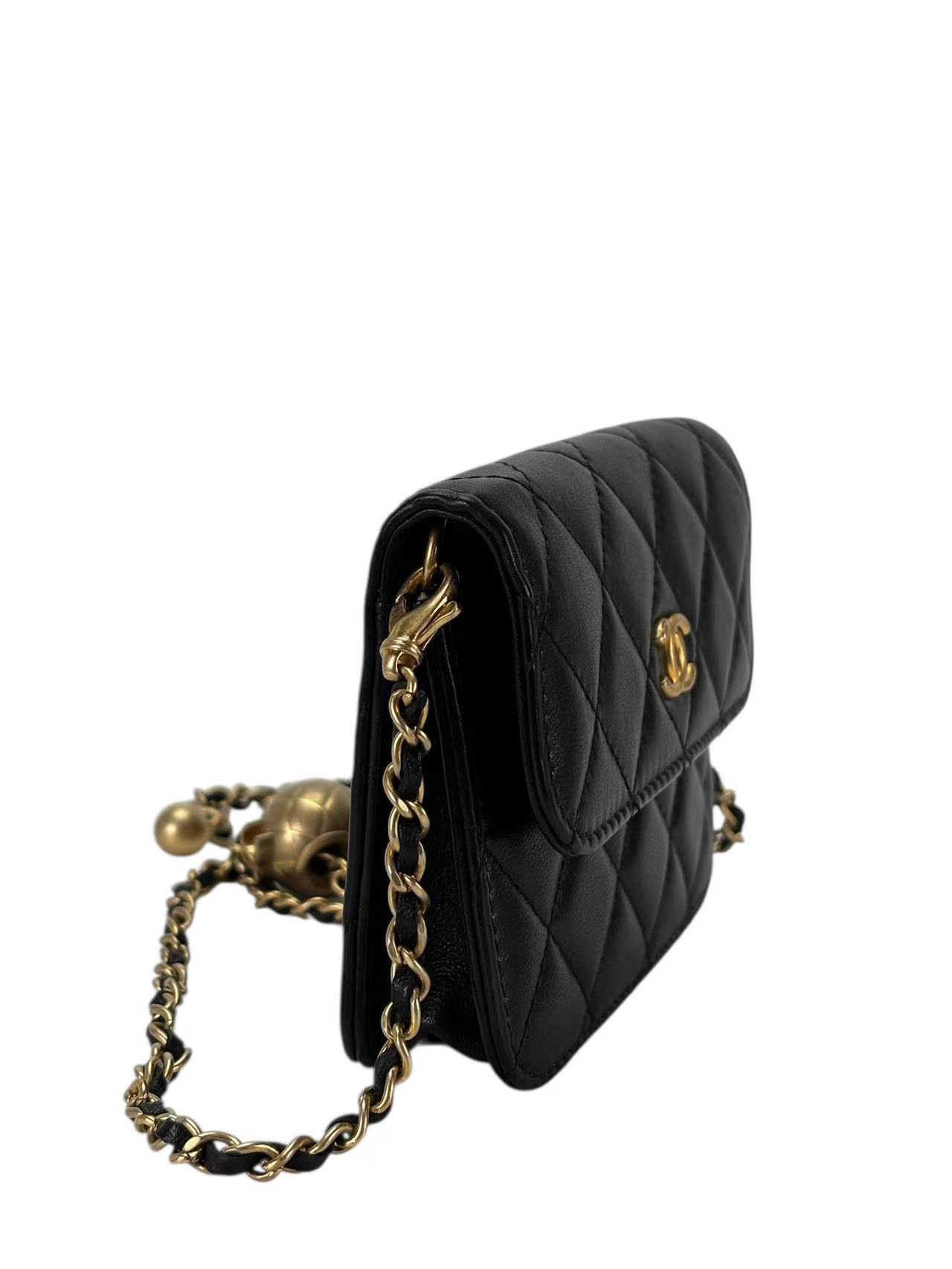 CHANEL - Black Lambskin Wallet On Chain Shoulder Bag Gold Hardware