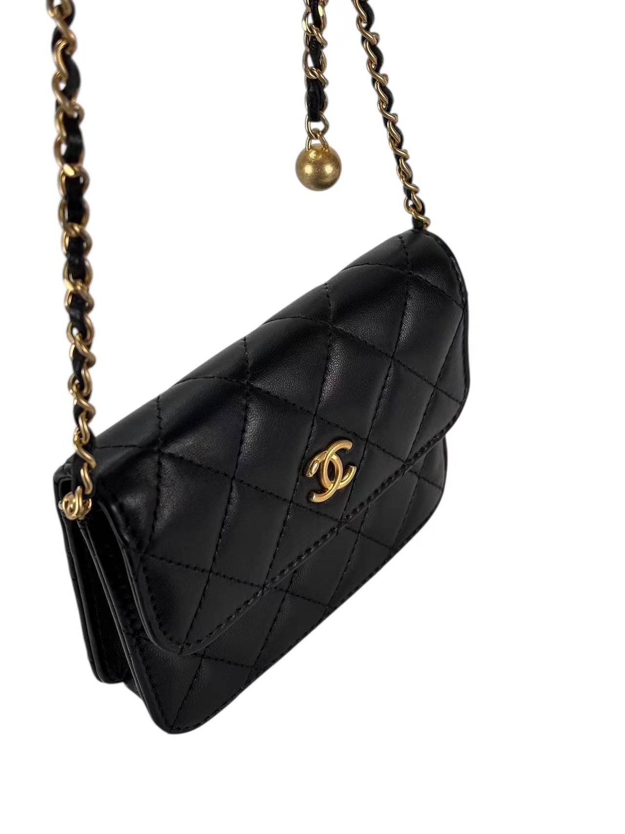 CHANEL - Black Lambskin Wallet On Chain Shoulder Bag Gold Hardware