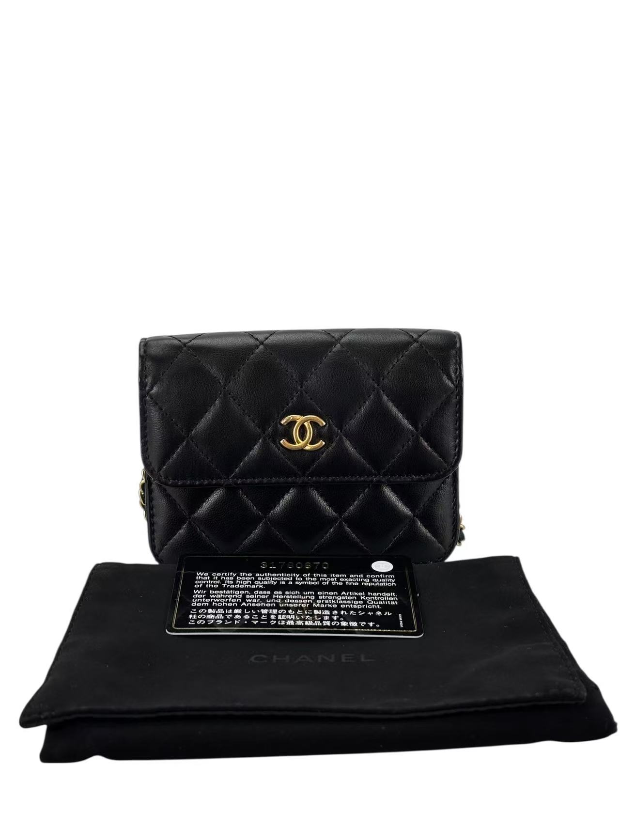 CHANEL - Black Lambskin Wallet On Chain Shoulder Bag Gold Hardware