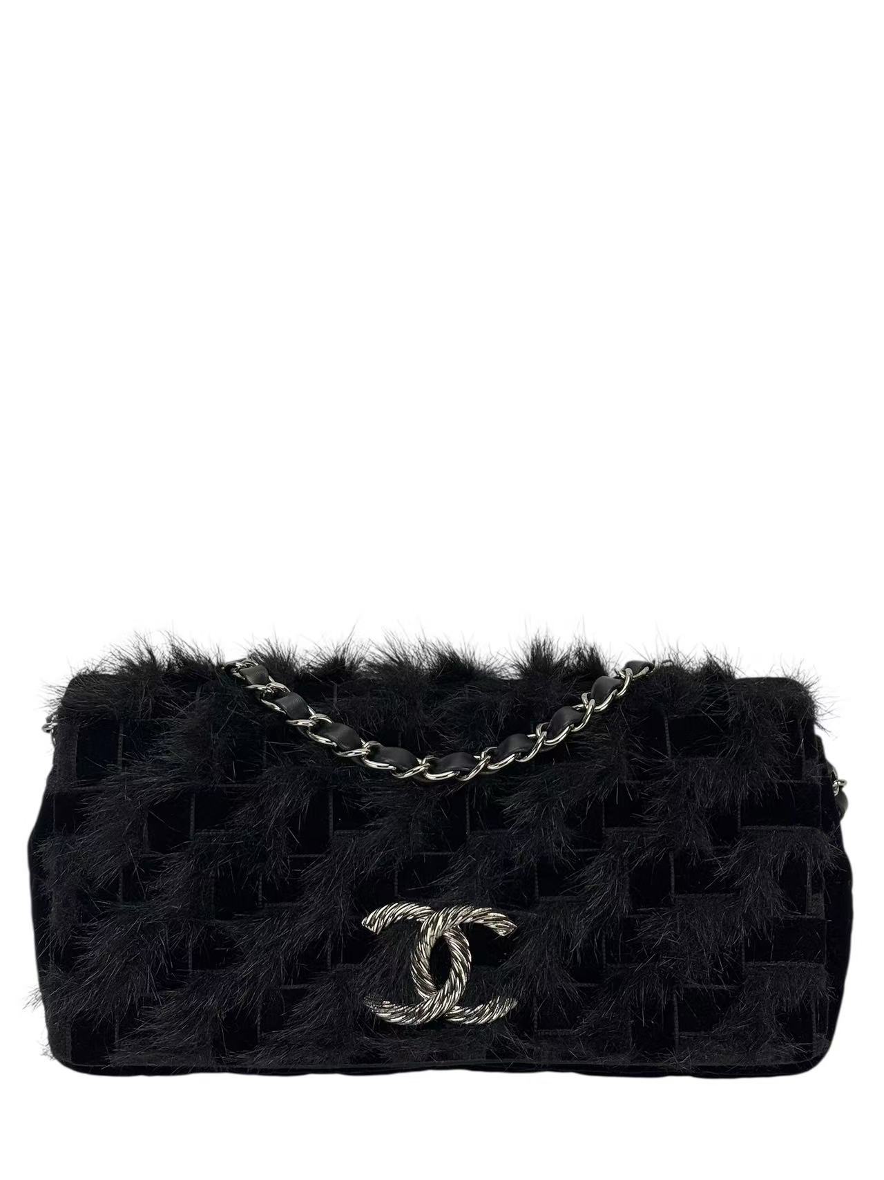 CHANEL - Coco Mark Black Fur & Vevlet Chain Shoulder Bag Sliver Hardware