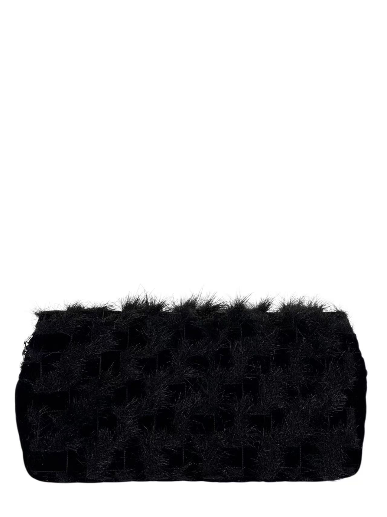 CHANEL - Coco Mark Black Fur & Vevlet Chain Shoulder Bag Sliver Hardware